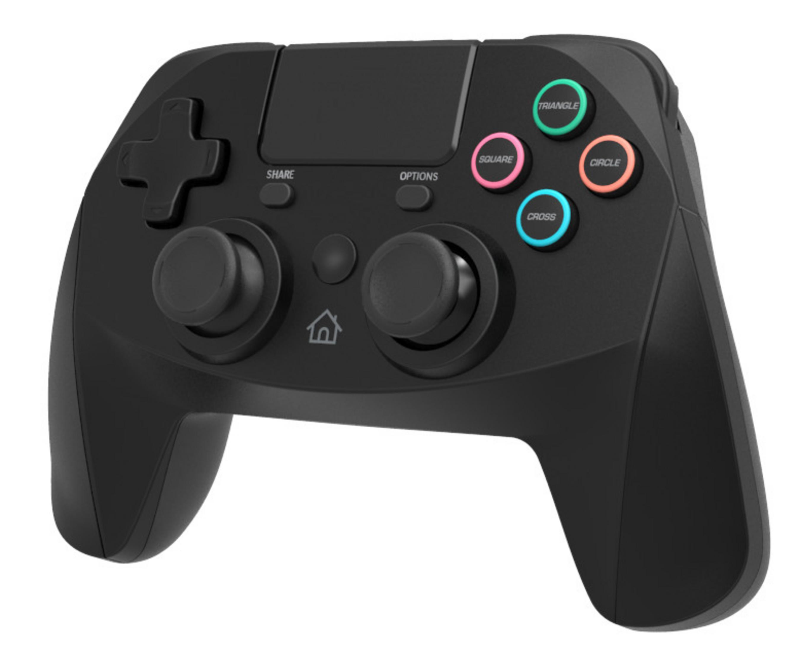 Schwarzer Gamecontroller mit farbcodierten Tasten, Teilen, Optionen und einer Home-Taste.