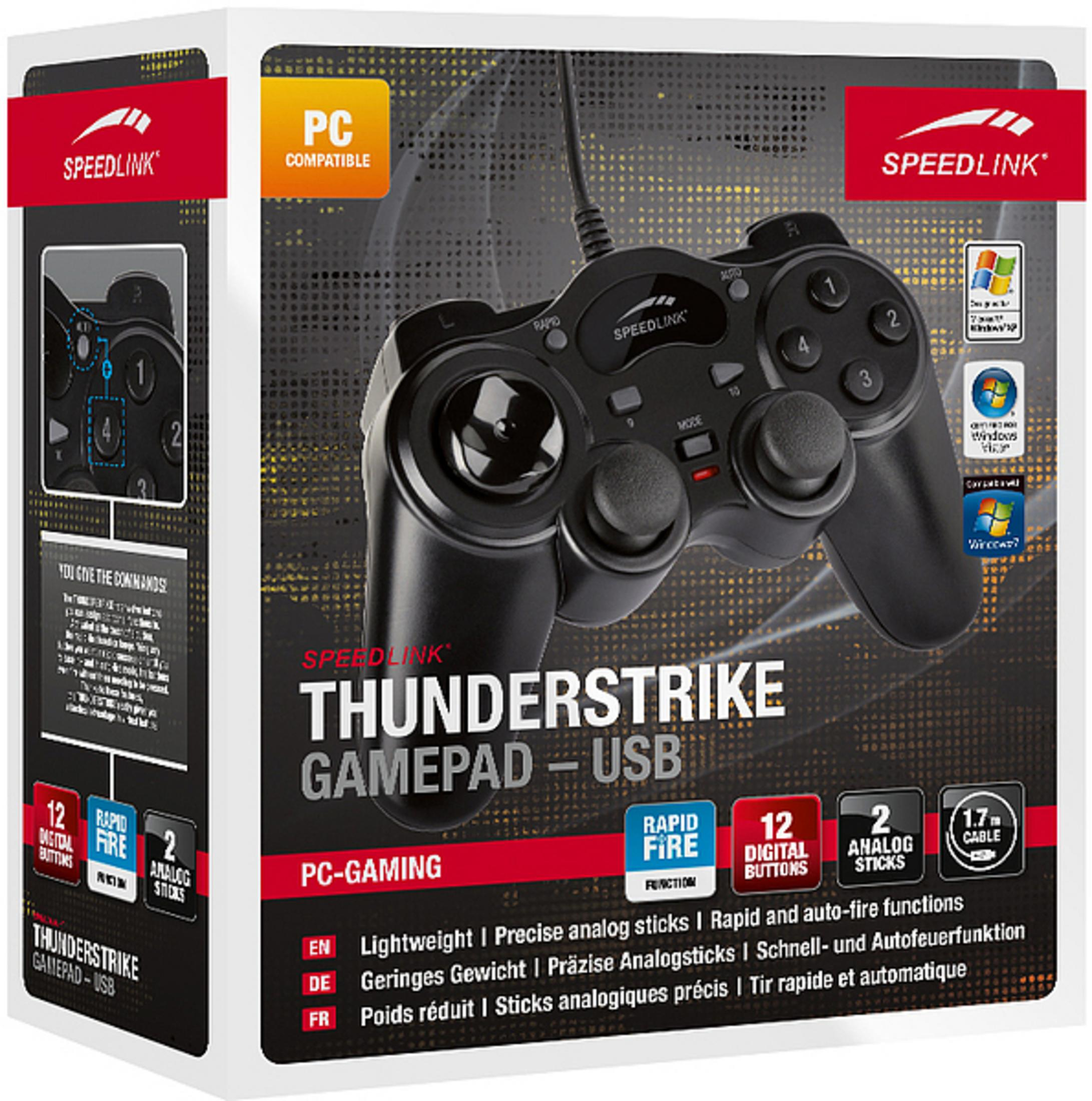 Zapakowany gamepad Speedlink Thunderstrike. Przód pokazuje gamepad i informacje PC gaming.