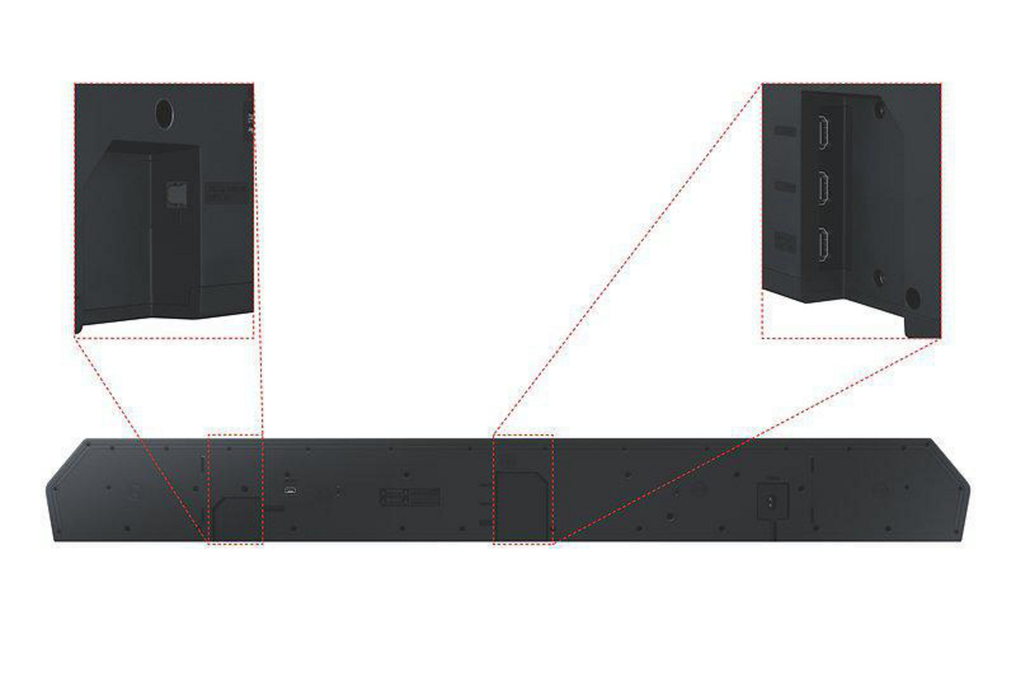 Schwarze Soundbar mit hervorgehobenen Anschlüssen und Steckern.