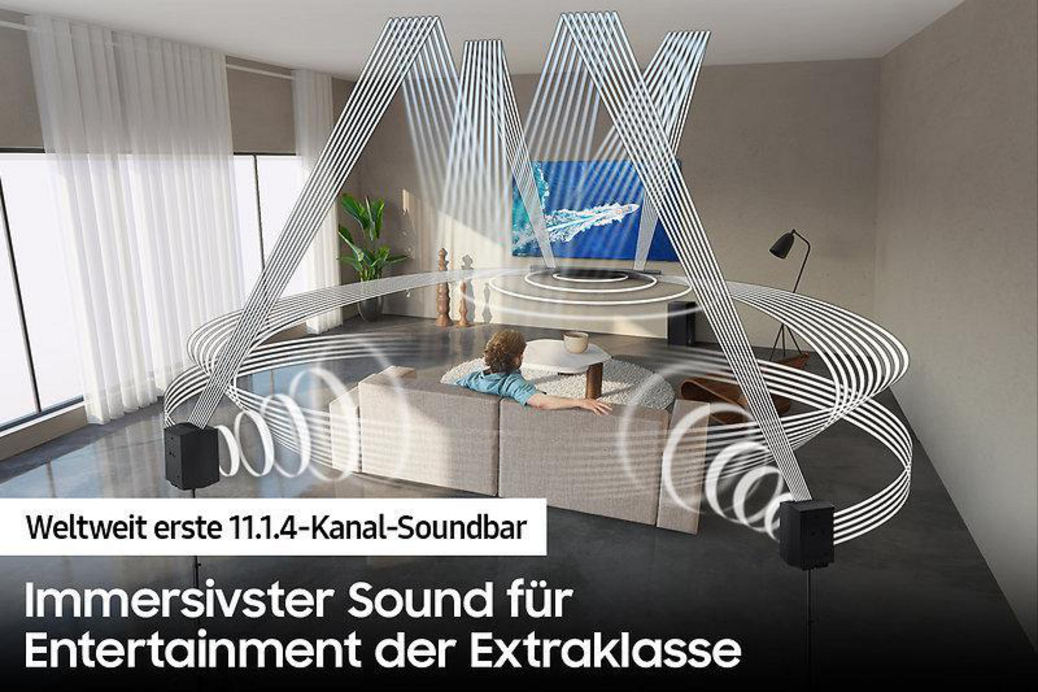 Grafik, die Schallwellen, ein Sofa und Lautsprecher zeigt, mit Text über Klangqualität.