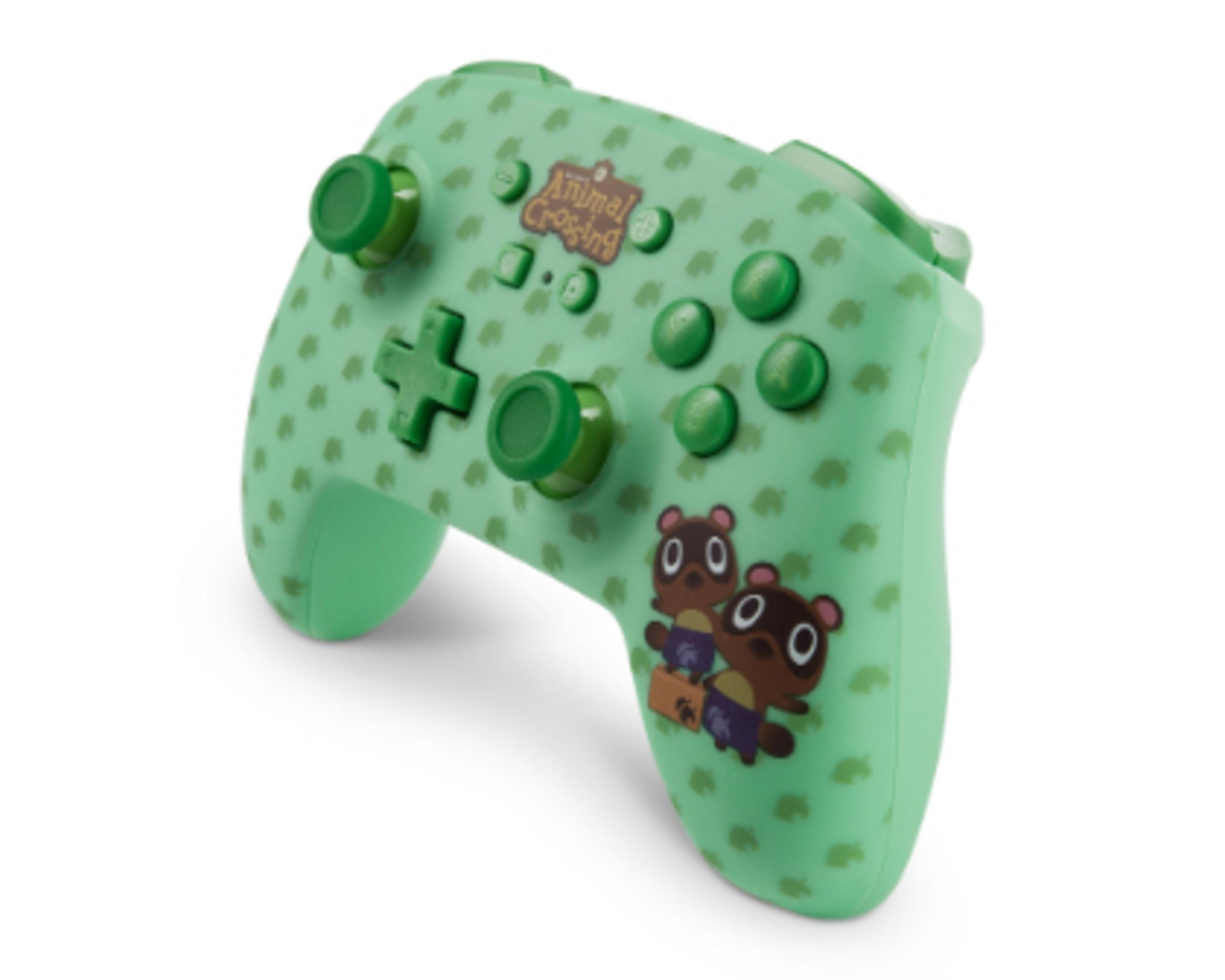 Ein grüner Animal Crossing Gamecontroller mit den Charakteren Tom Nook und Timmy & Tommy.