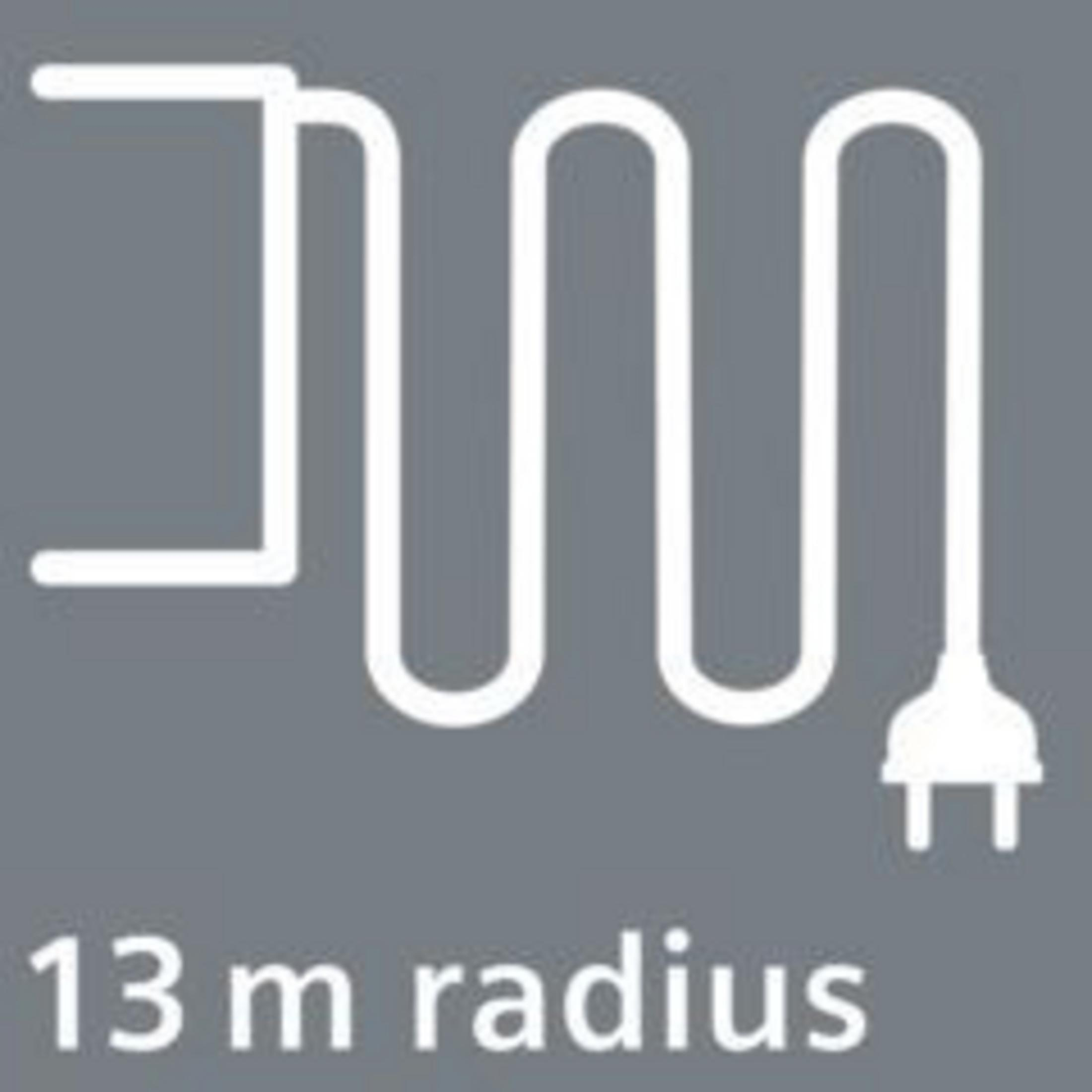 Biała ikona kabla z falistą linią i wtyczką, tekst: promień 13 m, na szarym tle.