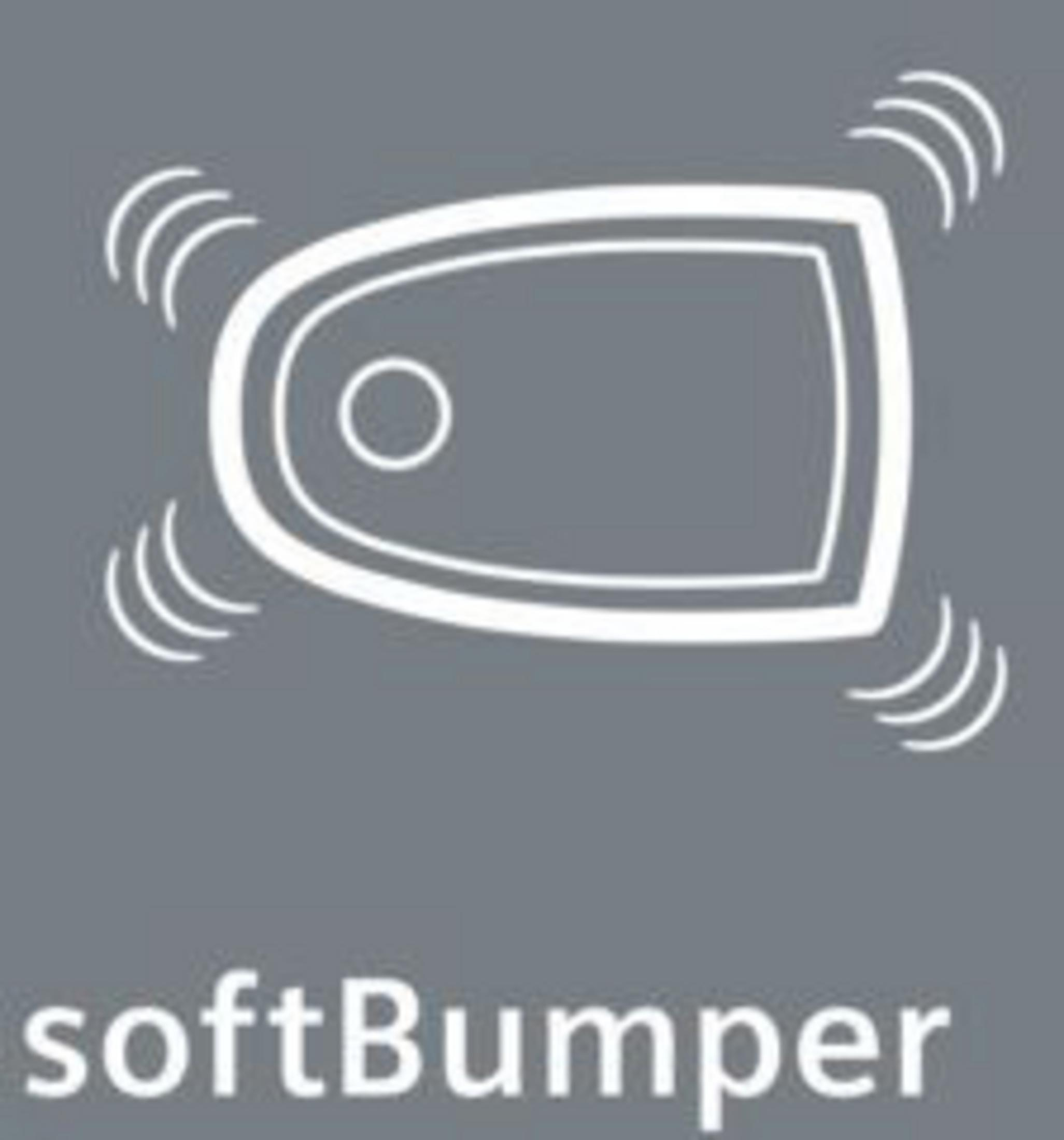 Szare tło z białym obrysem kształtu z falami dźwiękowymi i tekstem 'softBumper'.