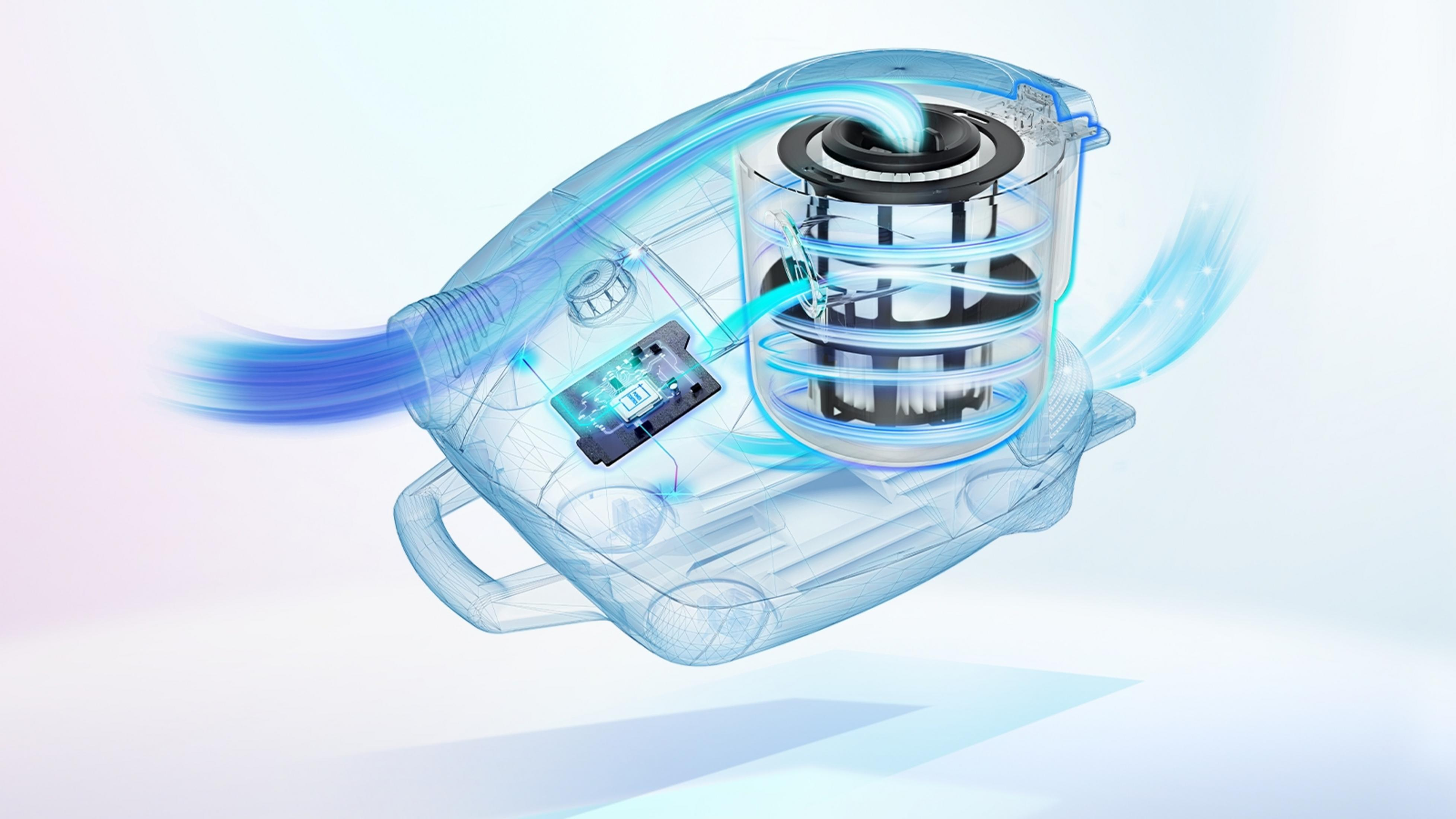 Schemat odkurzacza, pokazujący elementy wewnętrzne i przepływ powietrza. Niebieska kolorystyka.