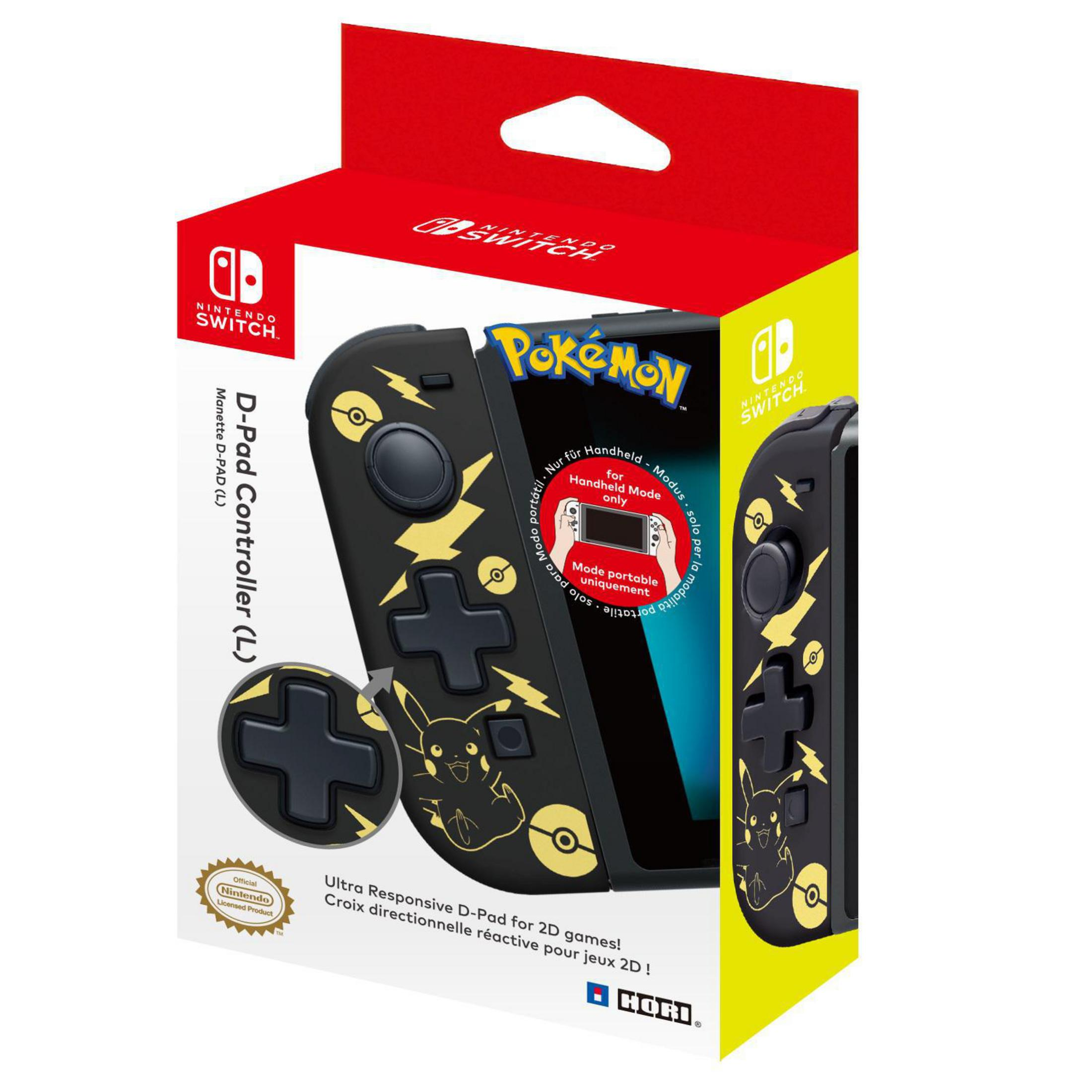 Pokemon Nintendo Switch Controller Box. Schwarz-gelbes Design, Pikachu-Grafiken, Spielekonsole.