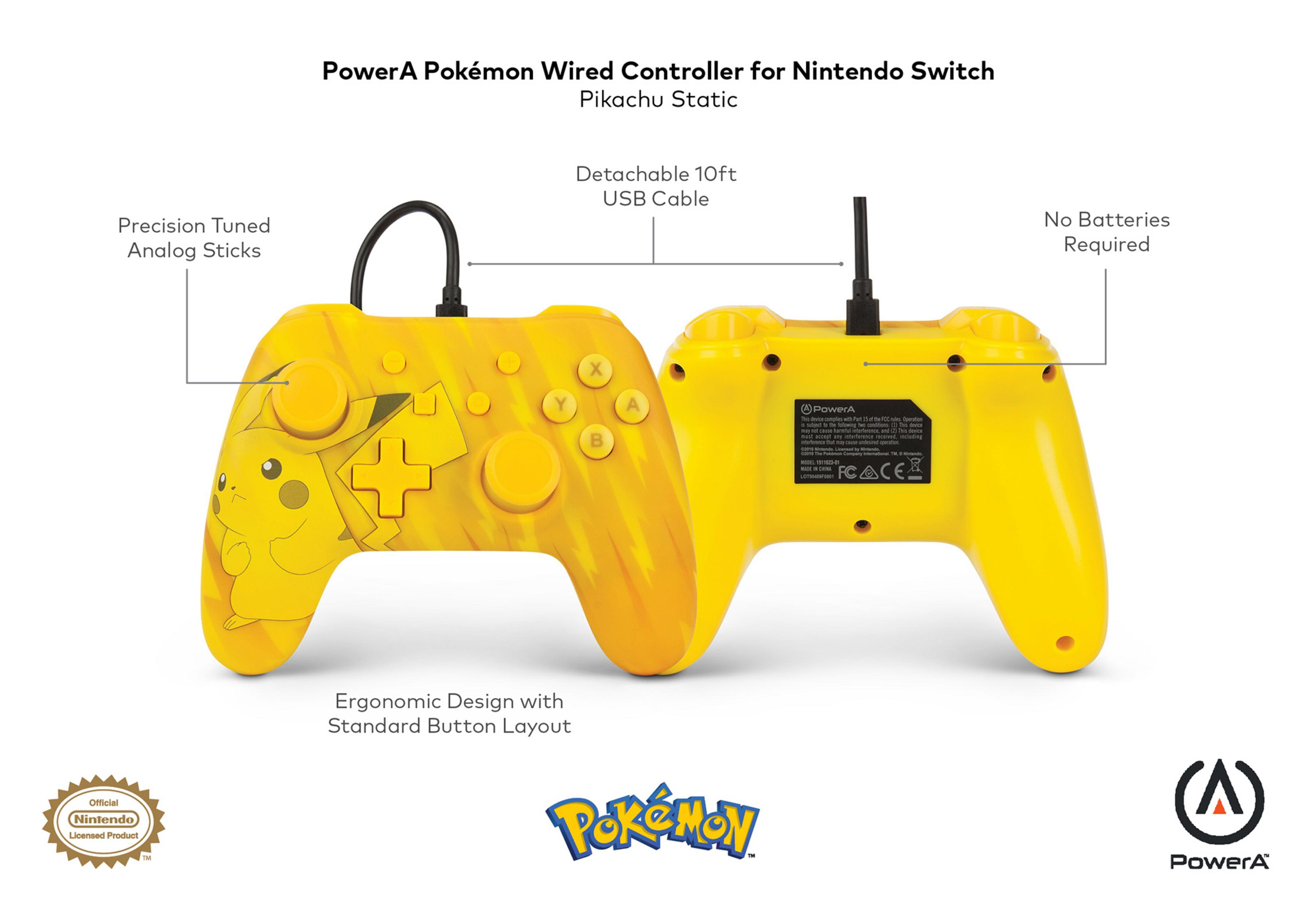 Żółty kontroler Pikachu do Nintendo Switch z tekstem, przyciskami.