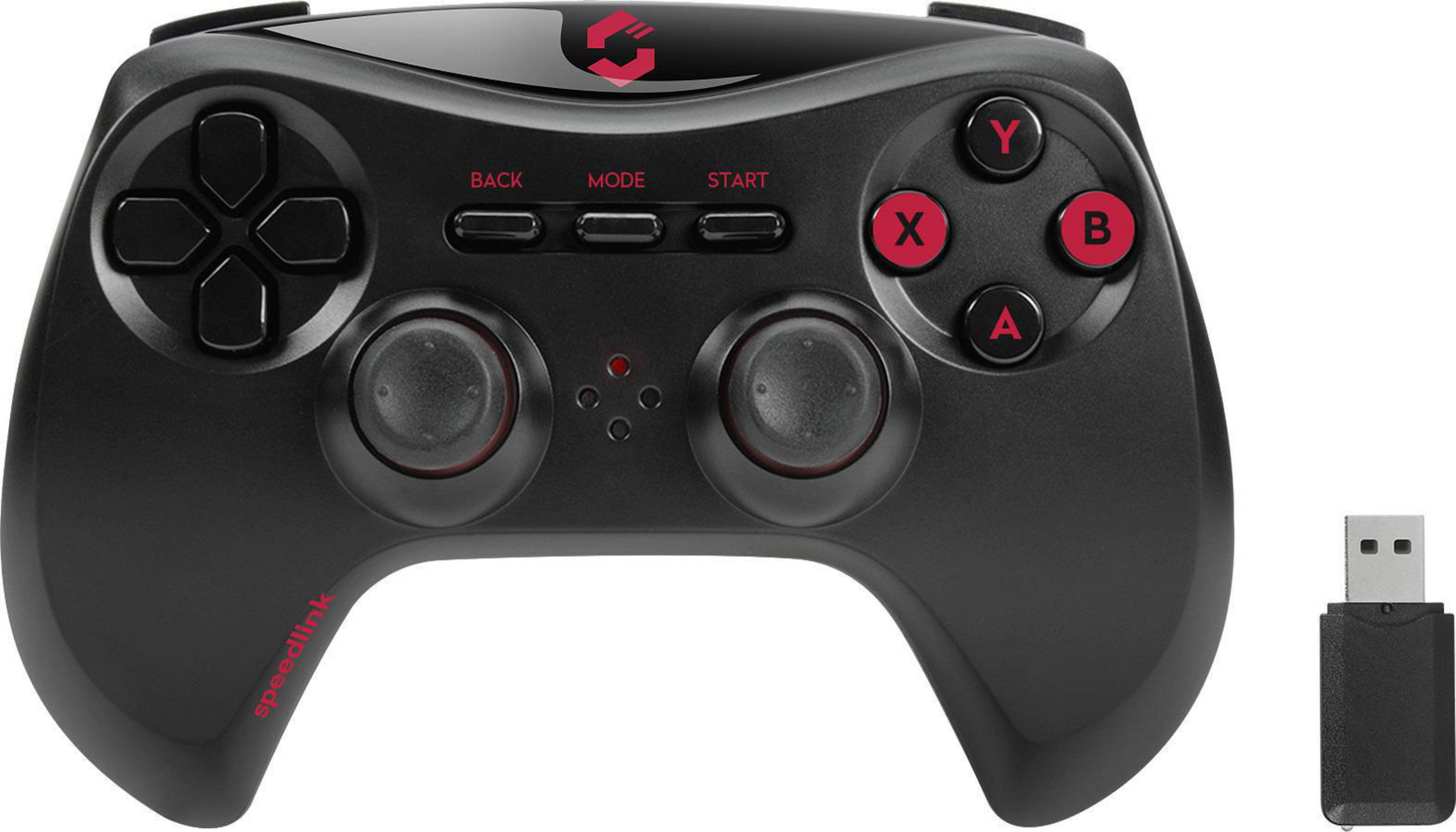 Czarny gamepad Speedlink z czerwonymi przyciskami i odbiornikiem USB. Pad ma kilka przycisków.