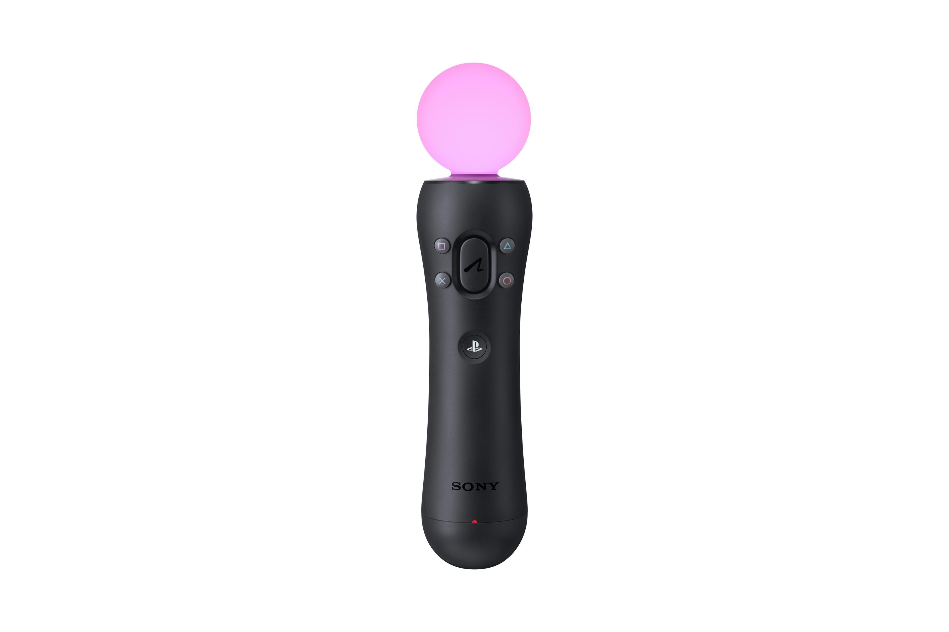 Ein schwarzer PlayStation Move-Controller mit einer leuchtenden rosa Kugel. Er hat Knöpfe und das Sony-Logo.