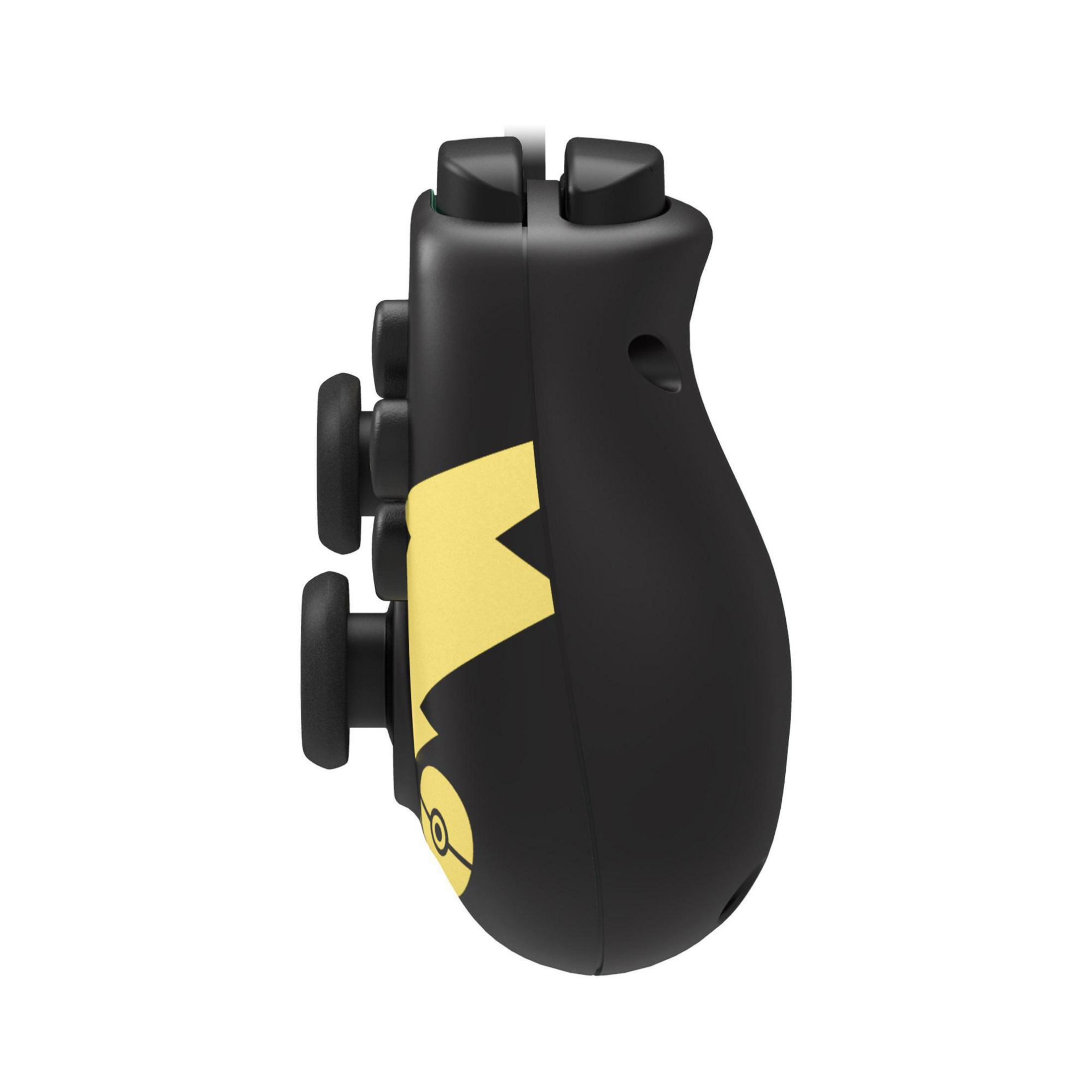 Czarny i żółty kontroler Nintendo Switch. Ma przyciski i design Pikachu.