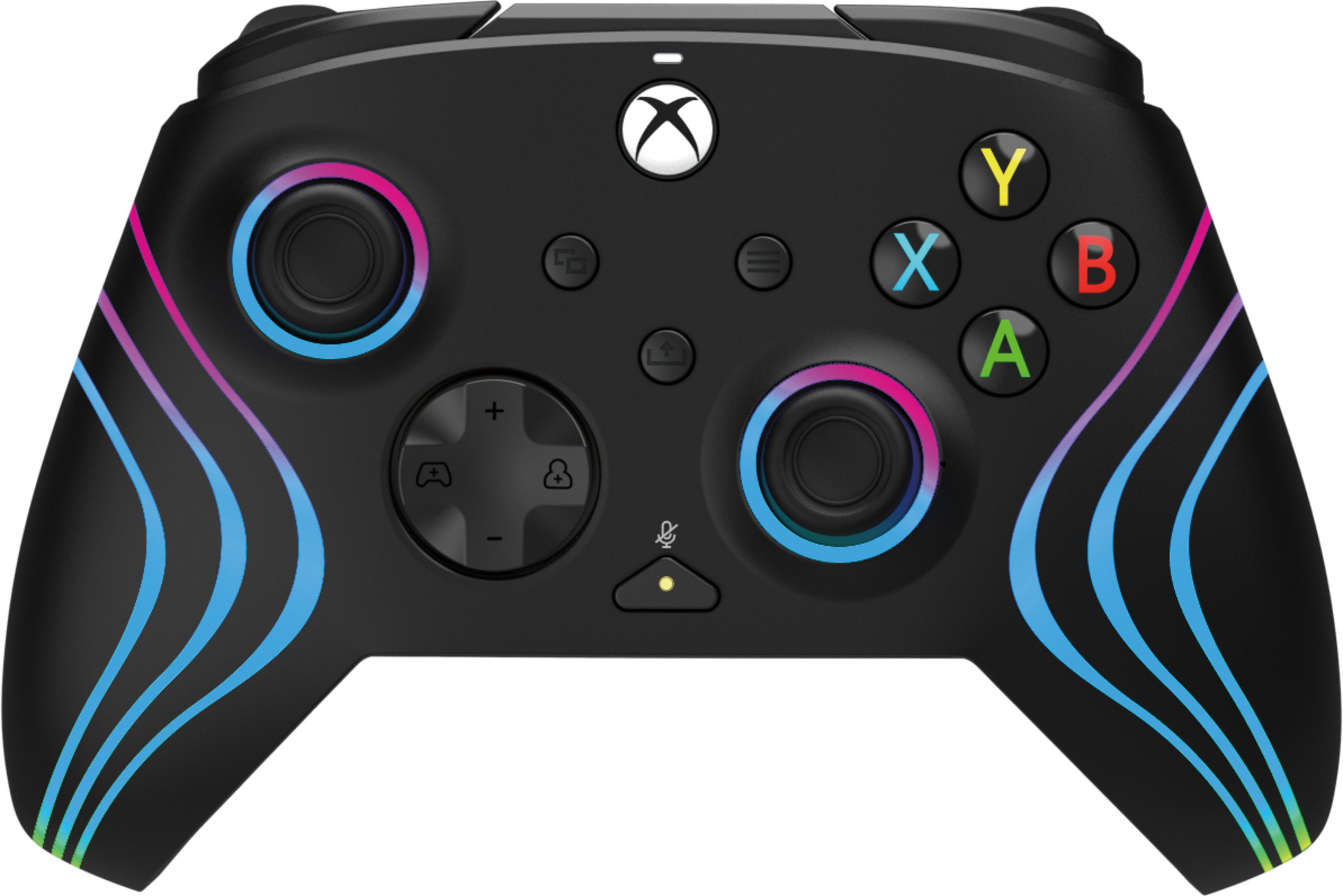 Black Xbox controller with colorful buttons and accents. It is positioned against a white background.