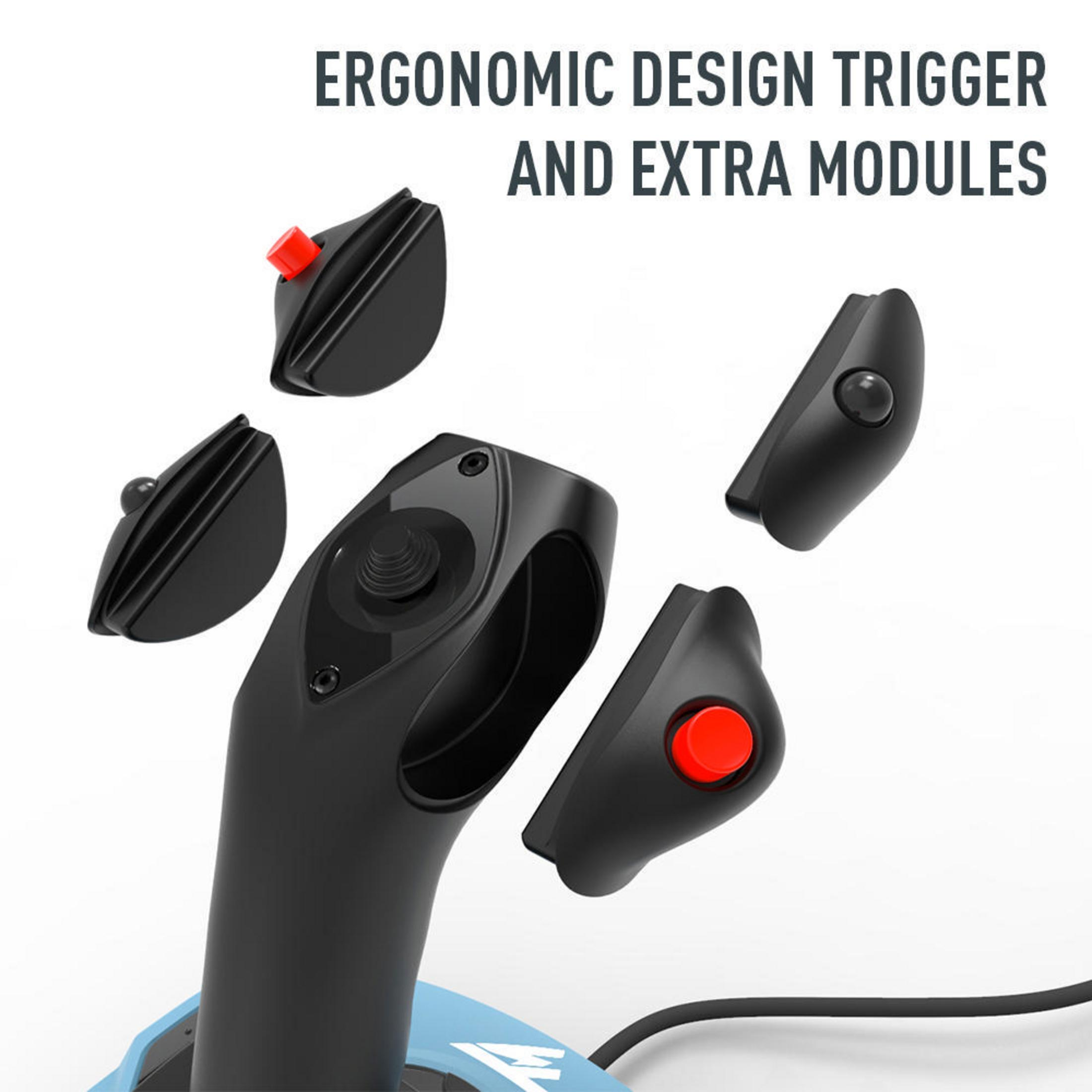 Joystick do gier z odłączanymi modułami i ergonomiczną konstrukcją. Czarne i czerwone akcenty. Niebieska podstawa.