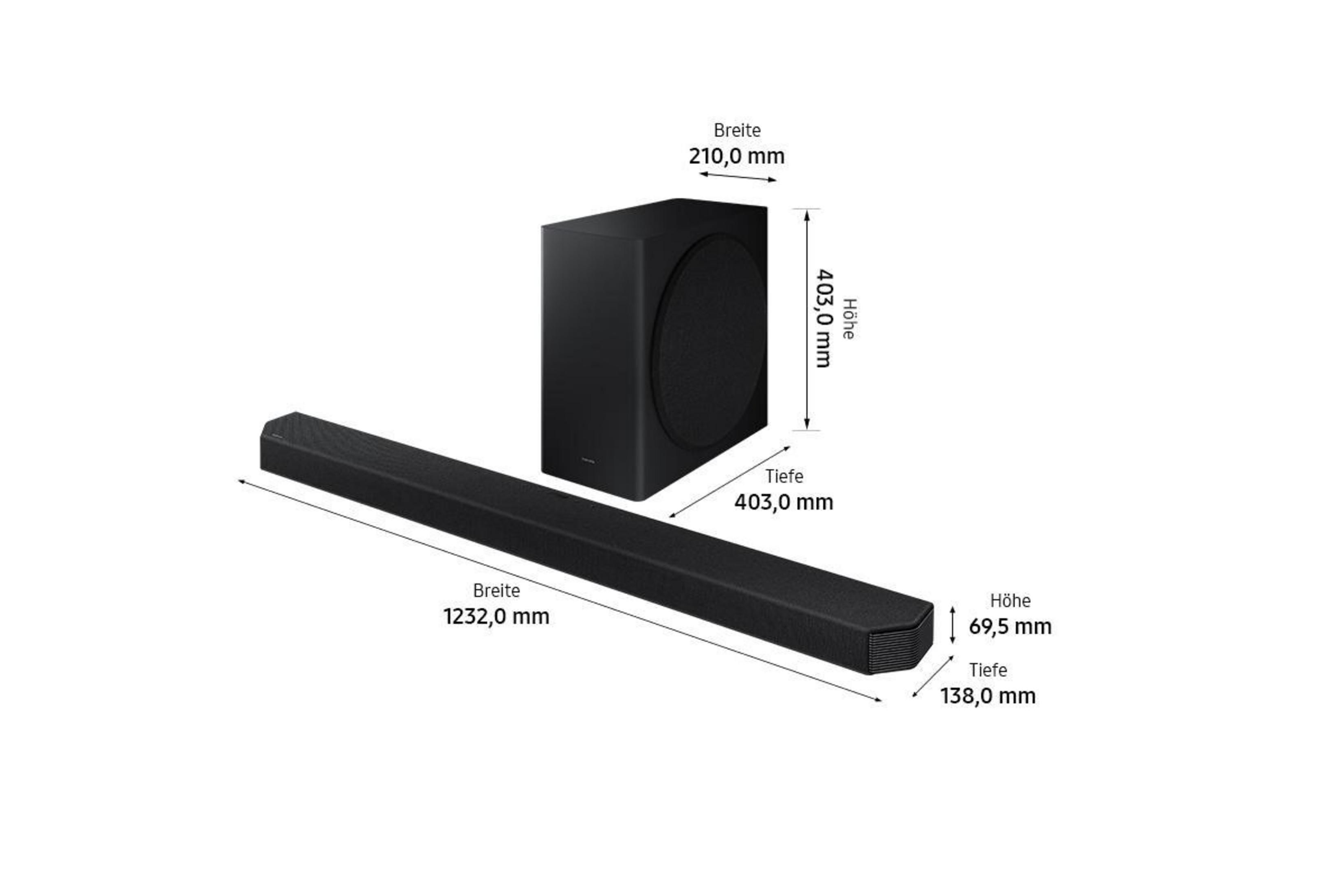 Czarny soundbar i subwoofer. Podano wymiary. Białe tło.