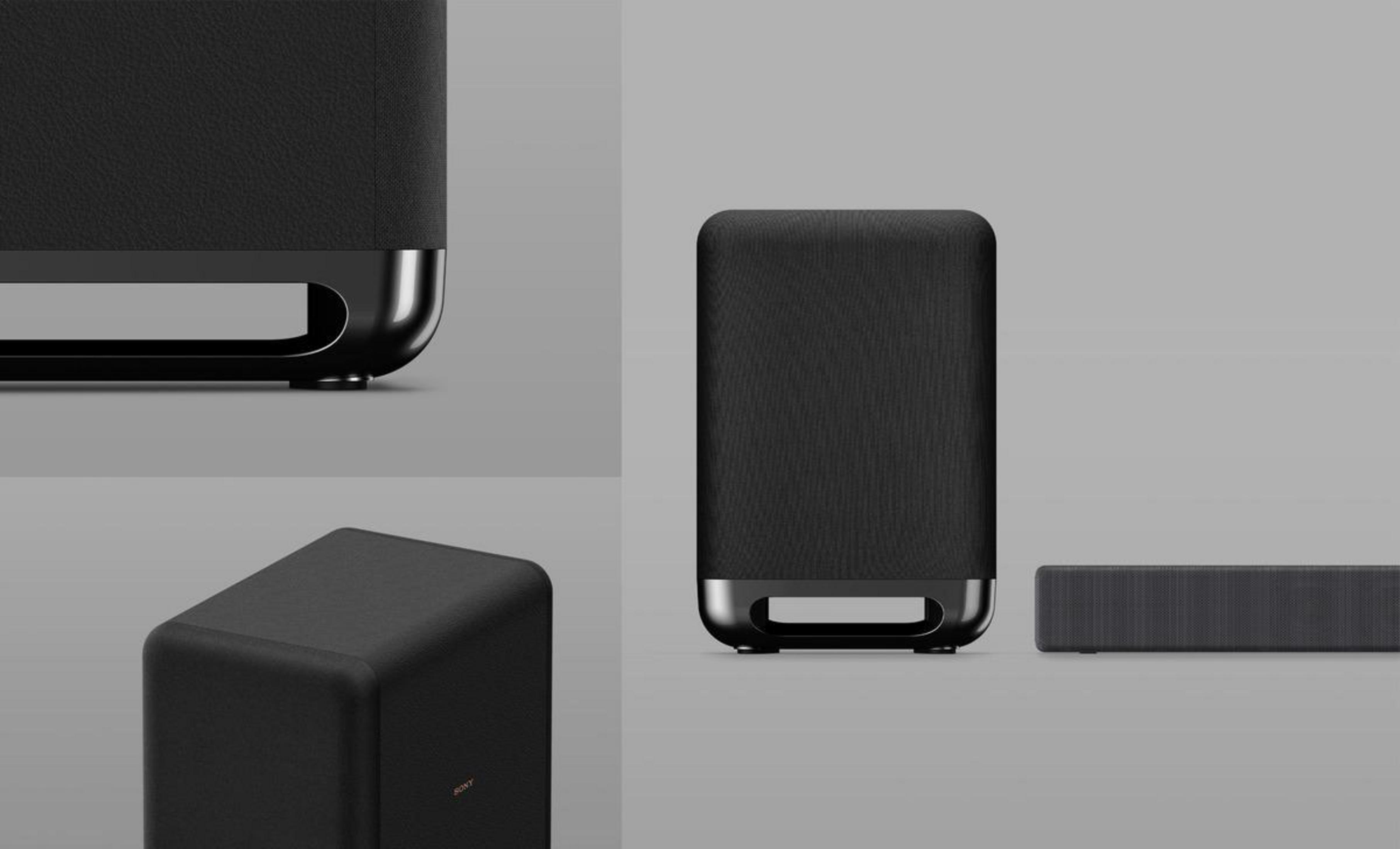 Czarne elementy głośnika w różnych orientacjach: widok z przodu, z boku i z góry na szarym tle.
