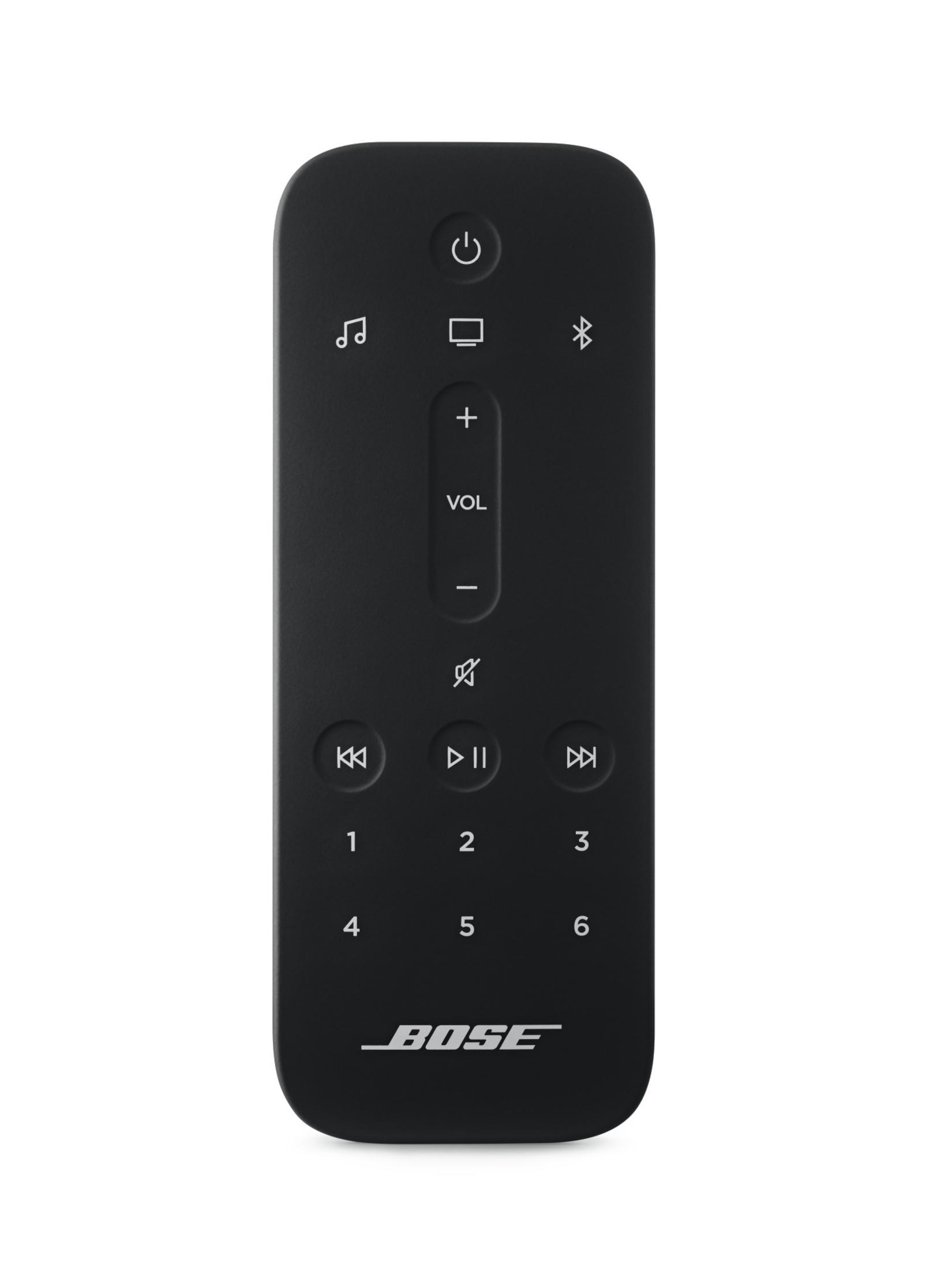 Eine schwarze Bose-Fernbedienung. Sie hat mehrere Tasten und ein BOSE-Logo.
