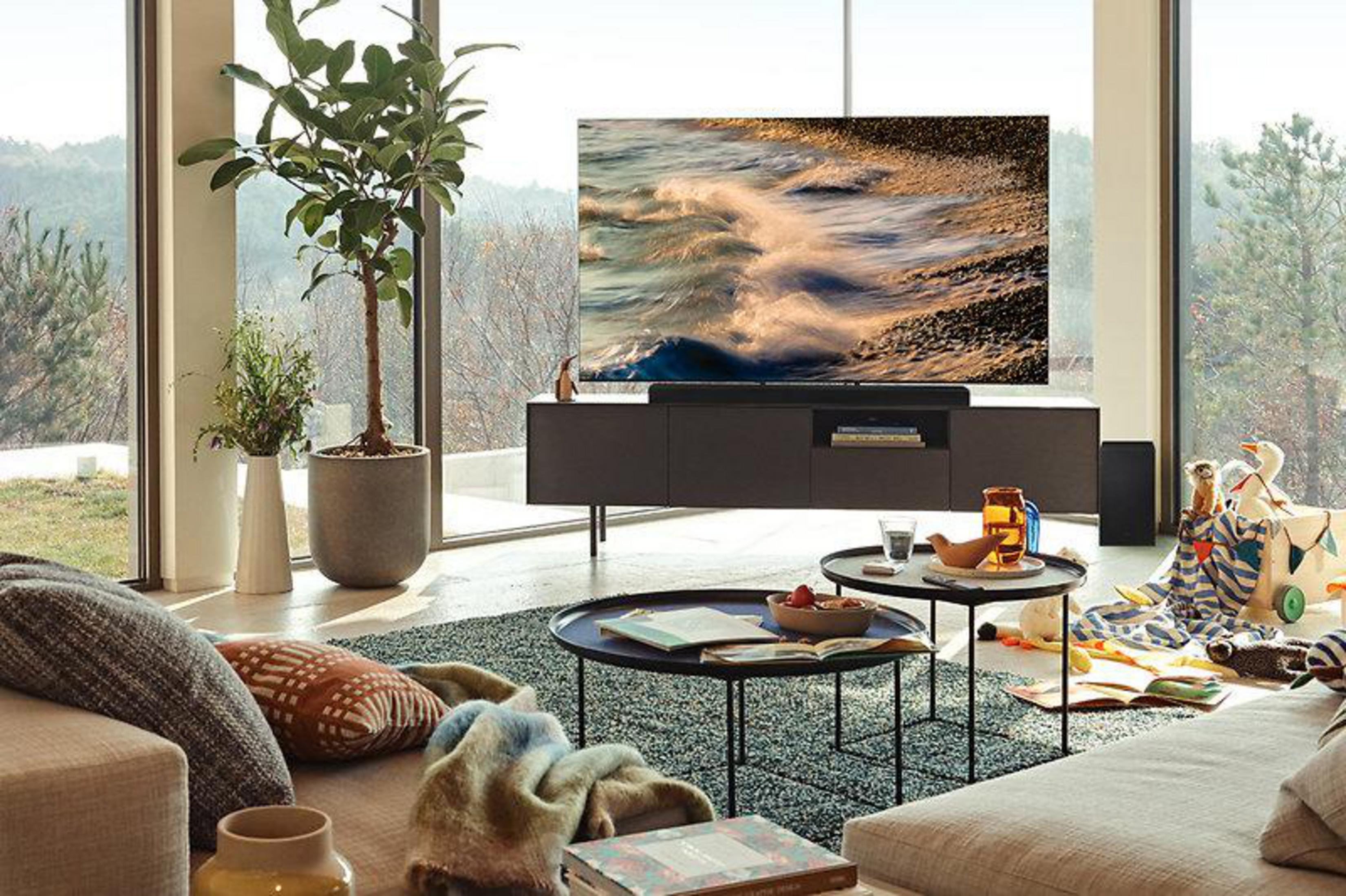 Wohnzimmer mit Fernseher, Pflanze und zwei Couchtischen. Blick auf das Meer ist sichtbar.