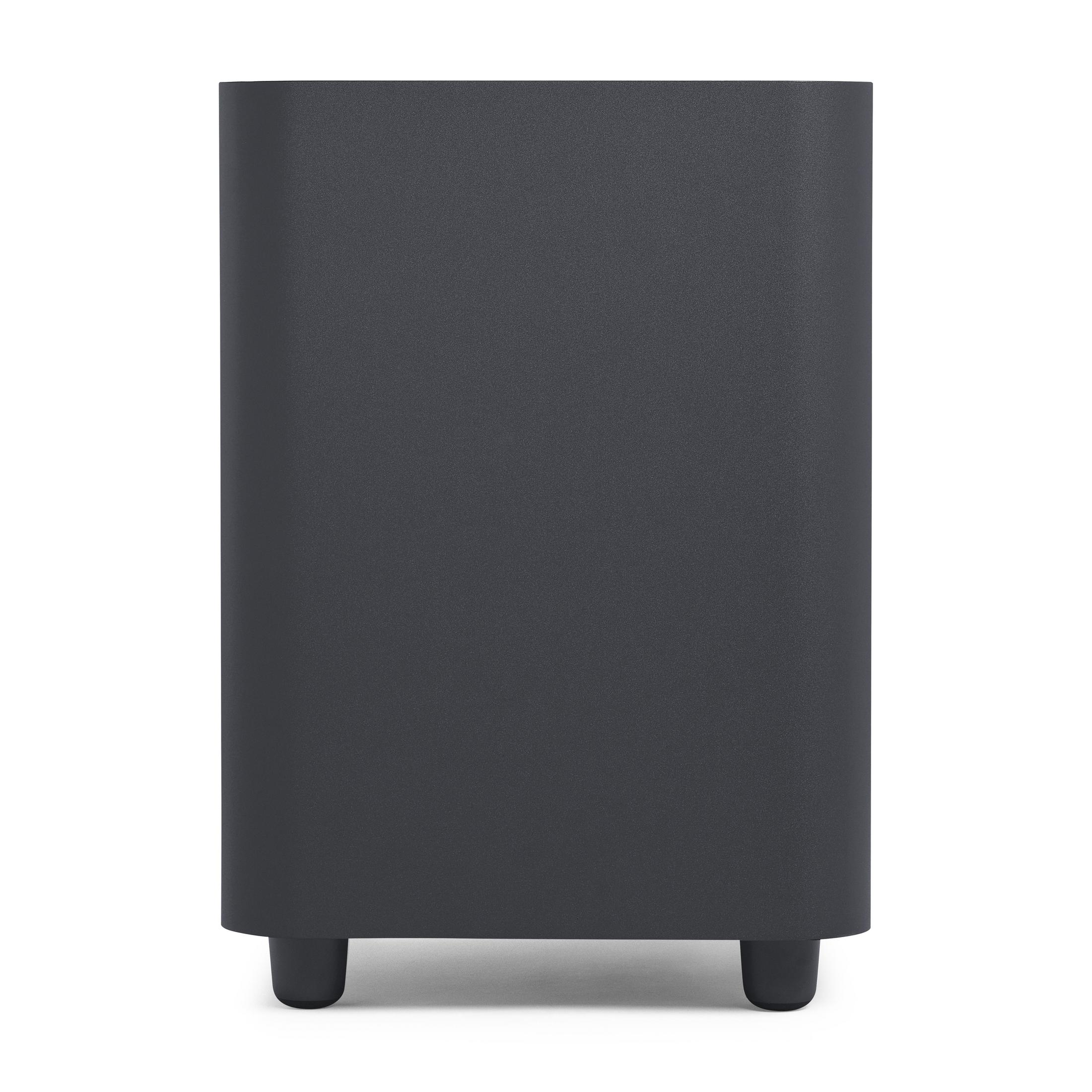 Schwarzer Subwoofer mit abgerundeten Kanten auf weißem Untergrund.