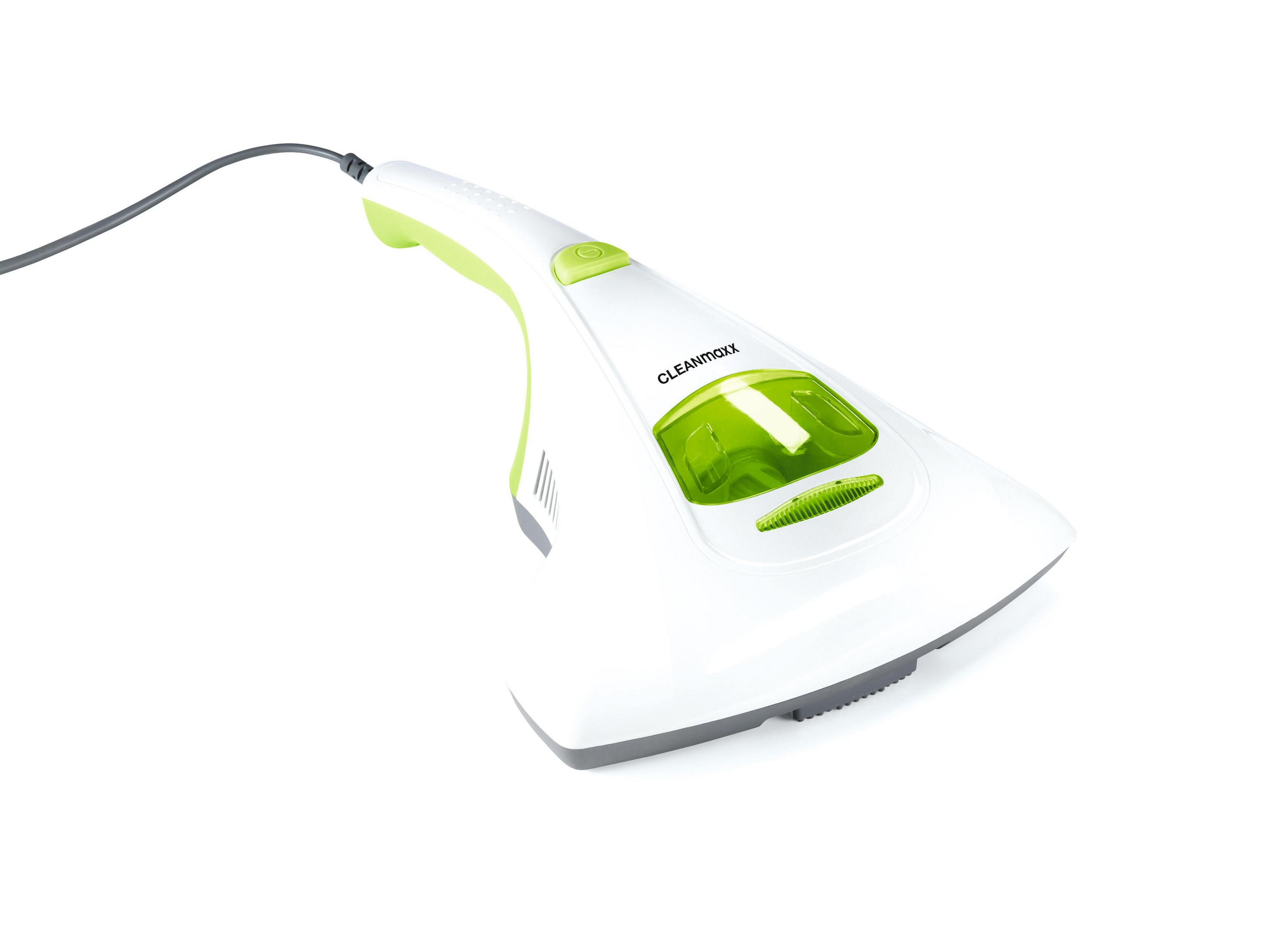 Biały i zielony odkurzacz ręczny na białym tle. Logo Cleanmaxx.