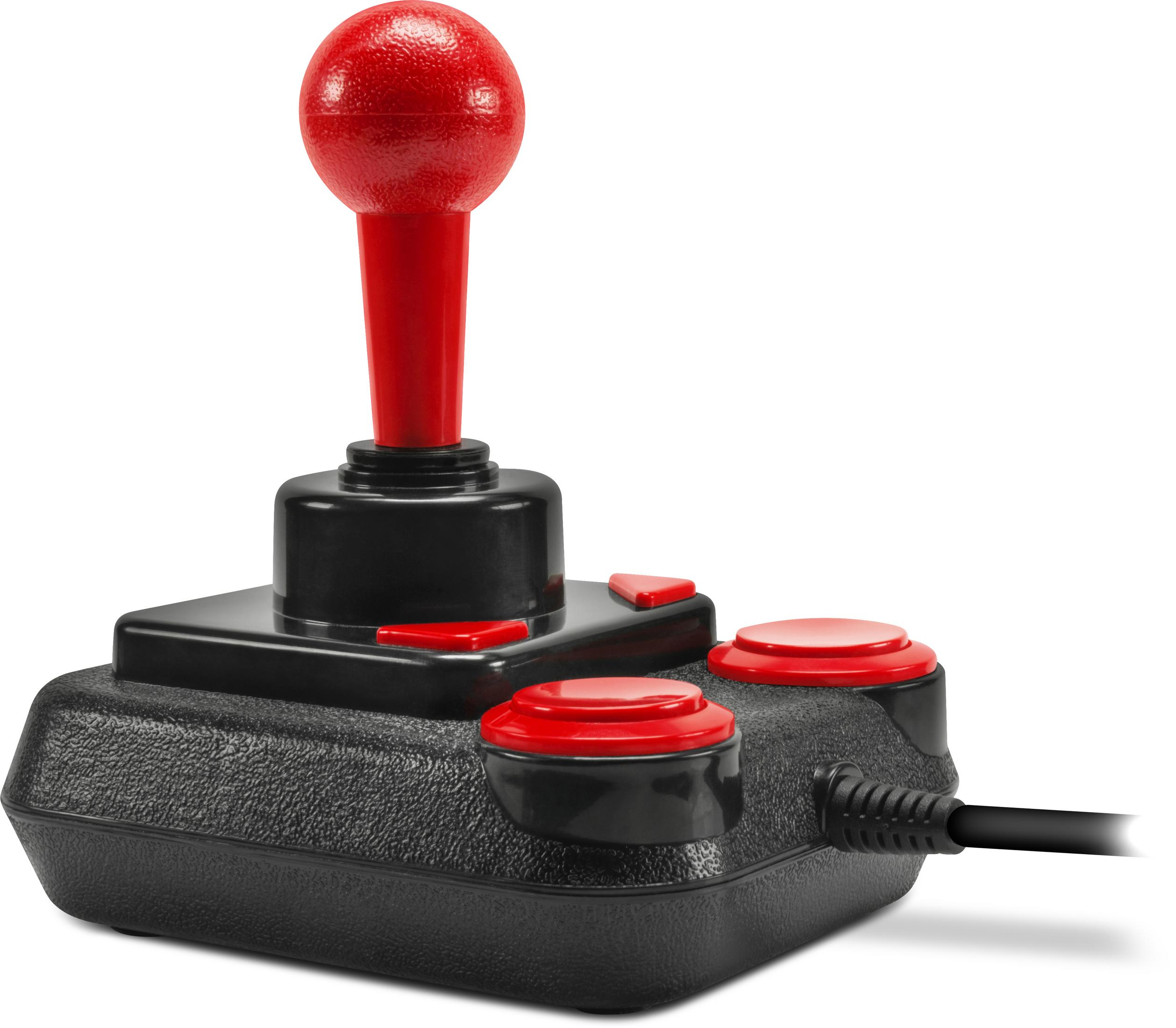 Czarny joystick retro z czerwonym joystickiem i przyciskami, na białej powierzchni.