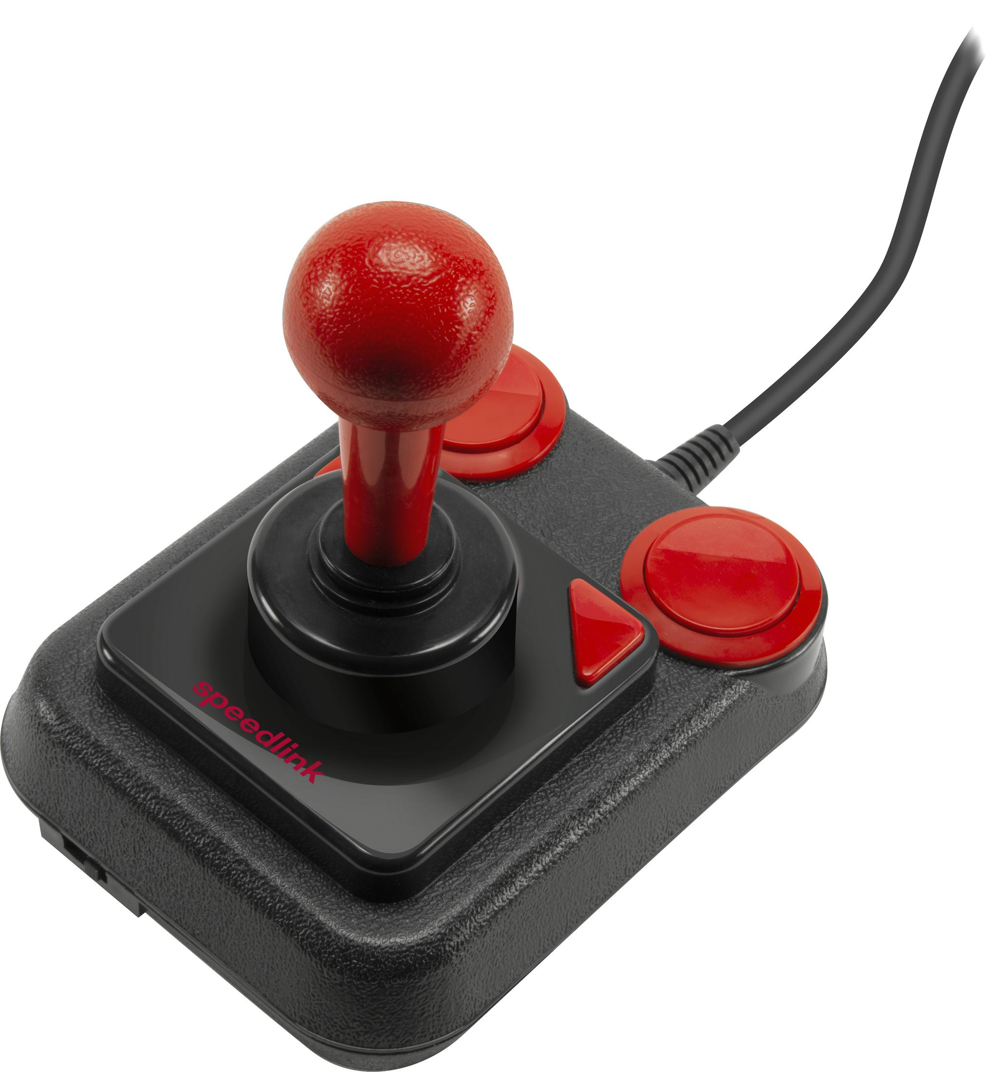 Czarny joystick z czerwoną kulką i przyciskami.