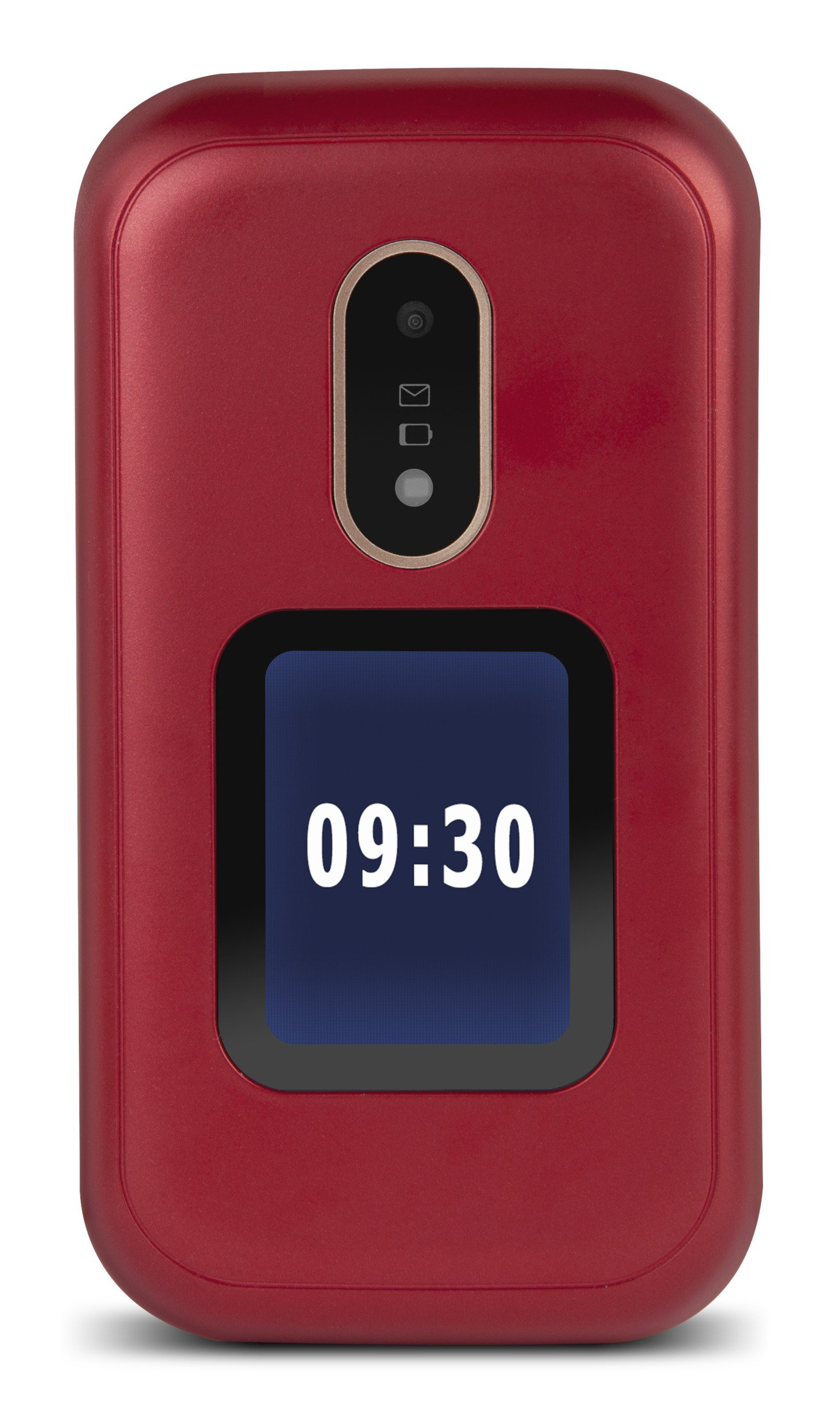 Teléfono plegable rojo mostrando 09:30 en pantalla, diseño simple, cámara y pantalla pequeña arriba.
