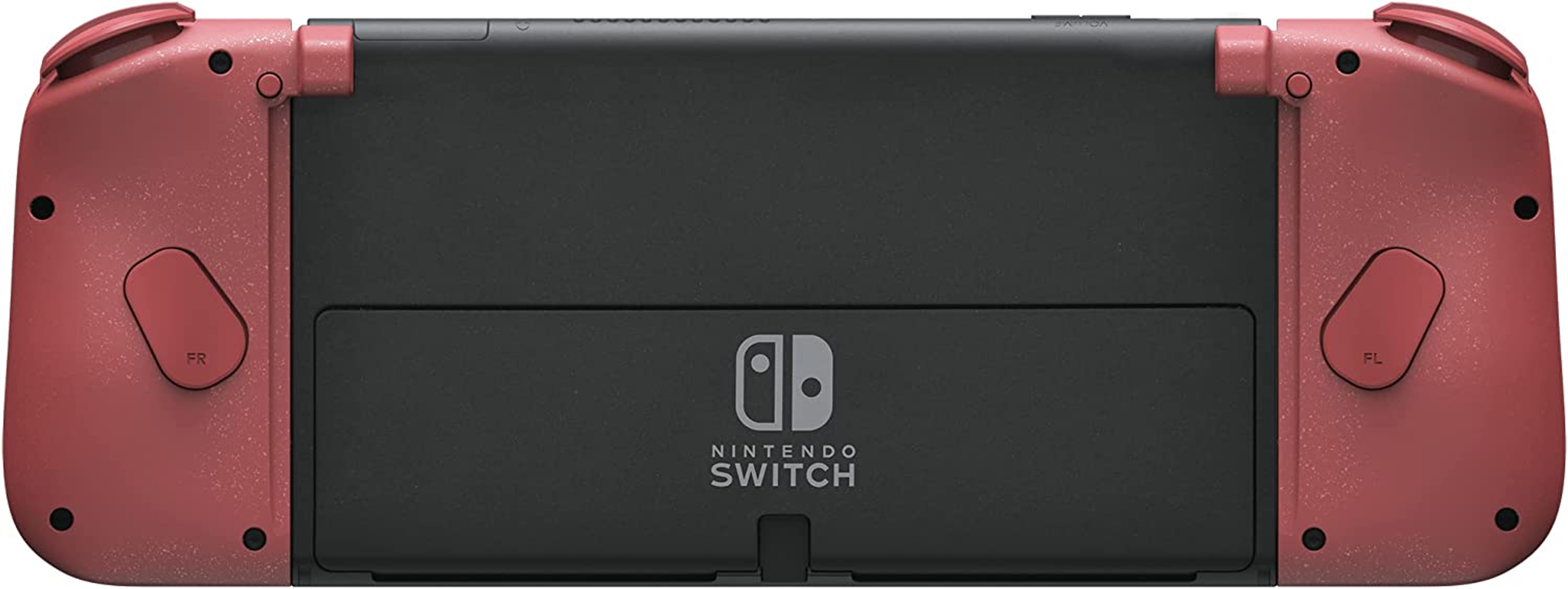 Widok z tyłu różowego Nintendo Switch. Czarny środek z logo. Różowe Joy-Cons po bokach.