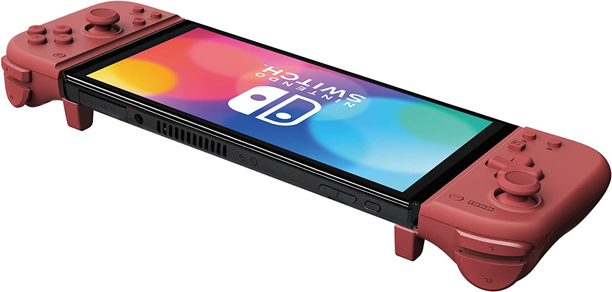 Czerwony Nintendo Switch z dołączonymi czerwonymi kontrolerami. Ekran wyświetla kolorową grę.