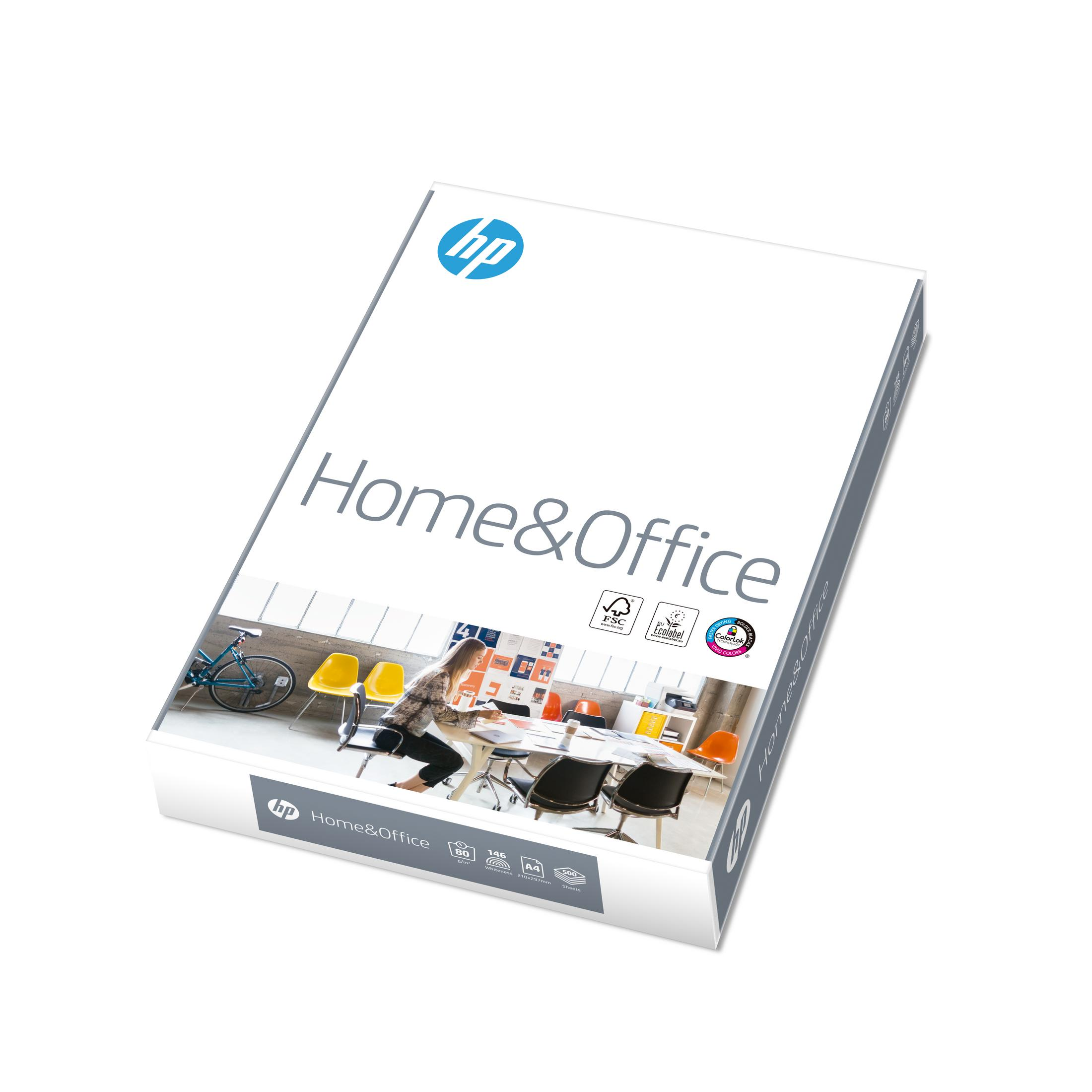 Schachtel HP Home & Office Papier, mit einem Bild von Personen in einem Büro.