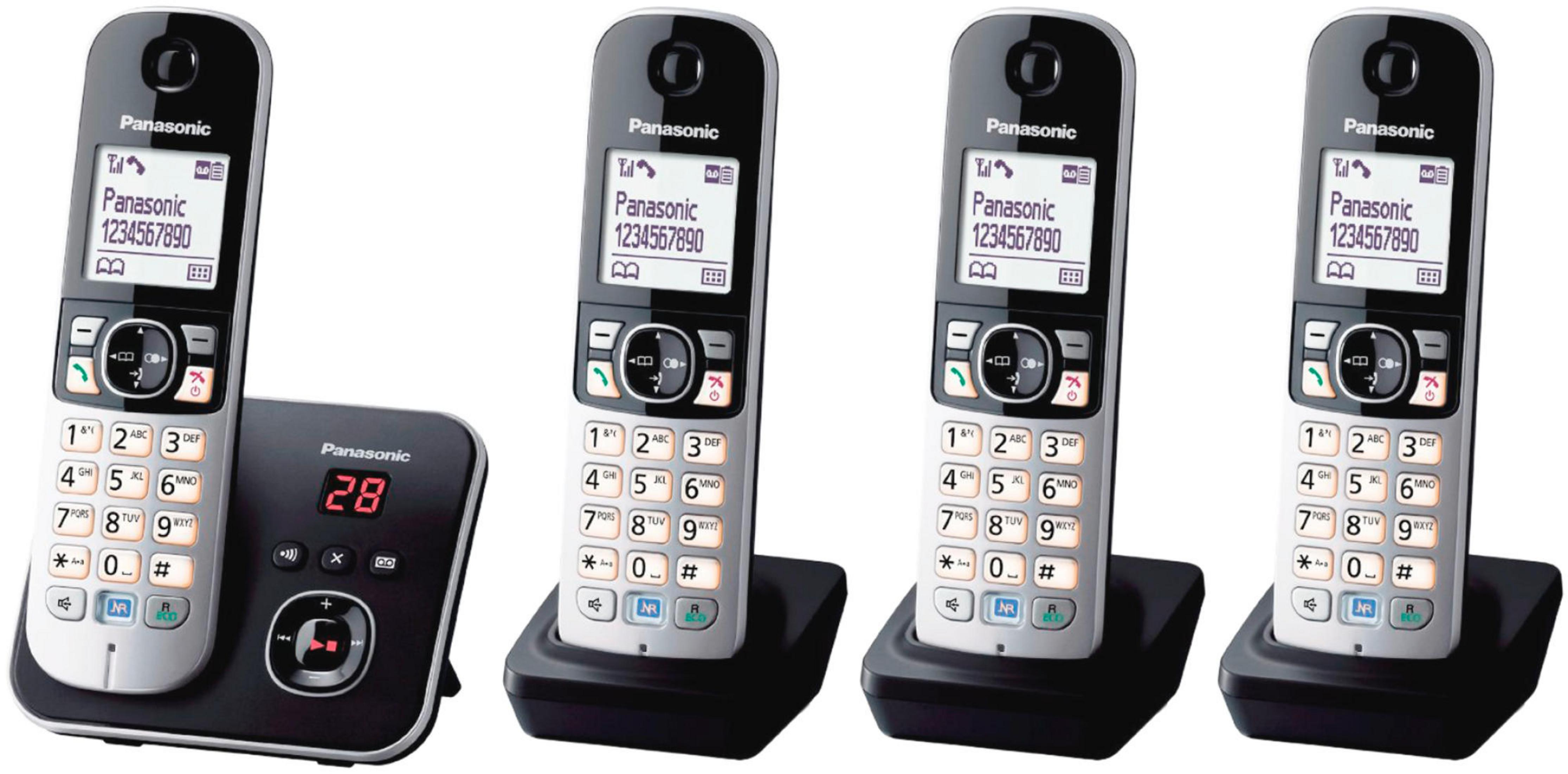 Cztery bezprzewodowe telefony Panasonic na stacjach ładujących, z wyświetlaczem.