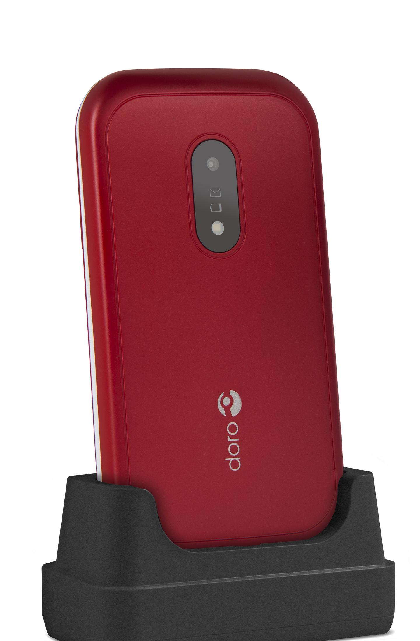 Teléfono Doro rojo en una base de carga negra. El teléfono está en posición vertical y la cámara es visible.