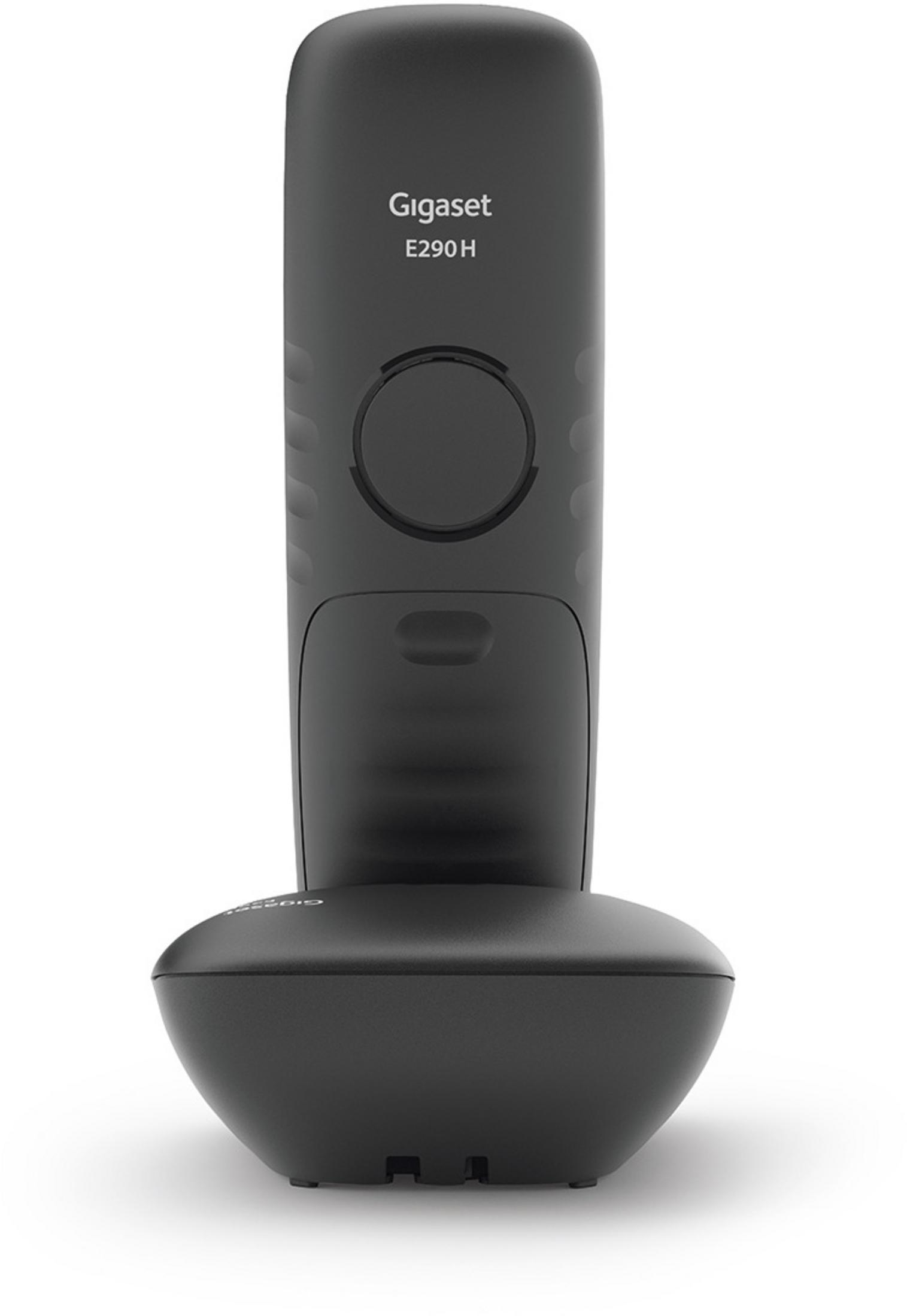 Base de teléfono negra con un auricular. La imagen está sobre fondo blanco.