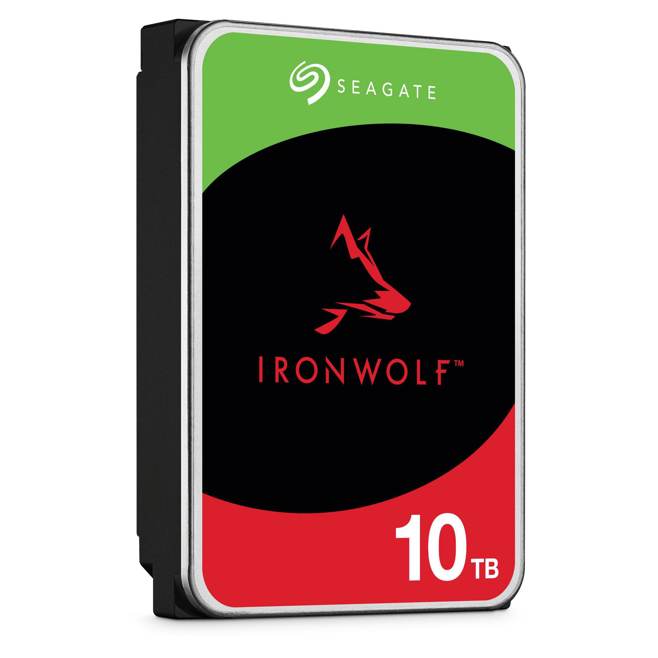 Dysk twardy Seagate IronWolf 10TB. Czarno-czerwono-zielony schemat kolorów.