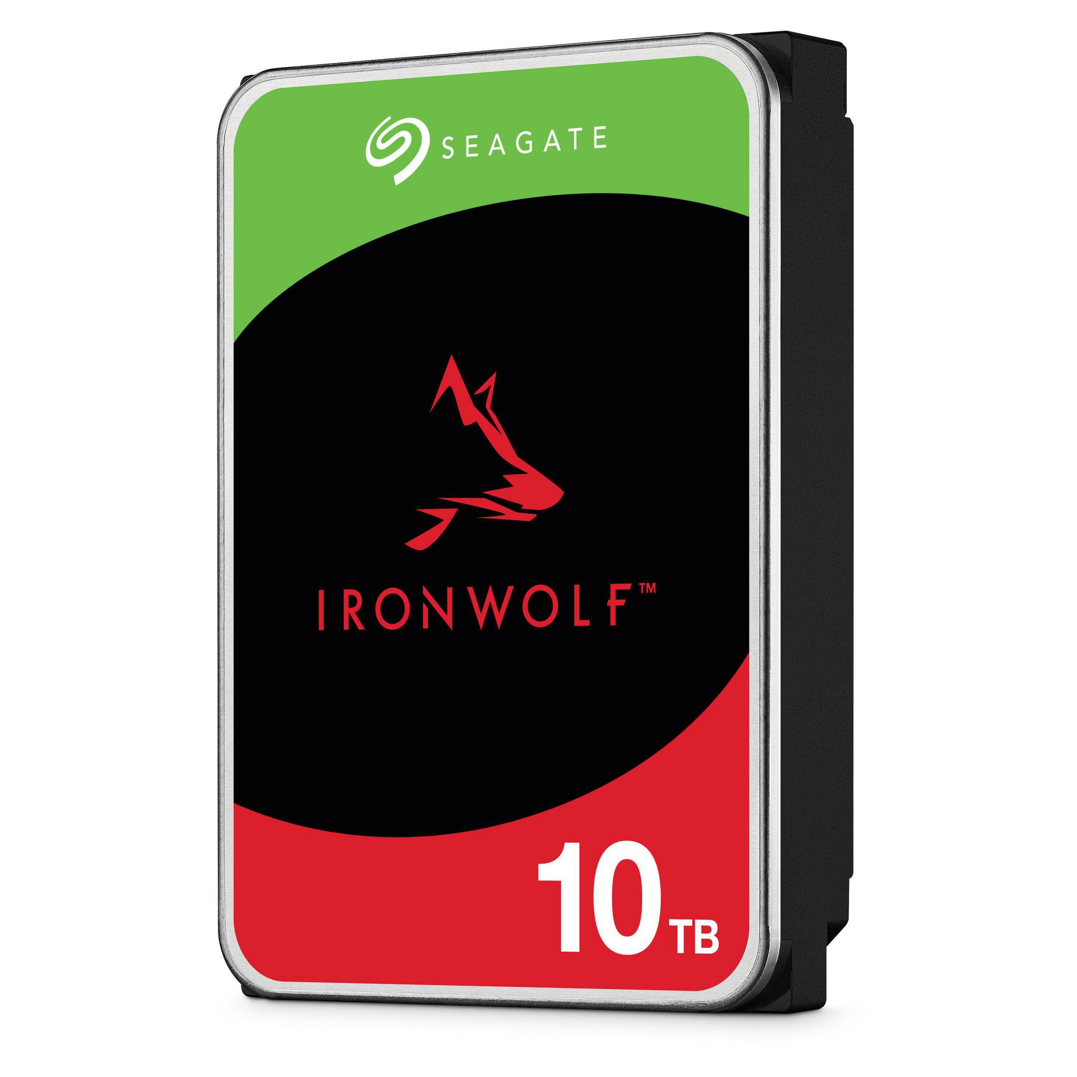 Dysk twardy Seagate IronWolf z czerwonym logo wilka na czarnym i zielonym tle oraz tekstem.
