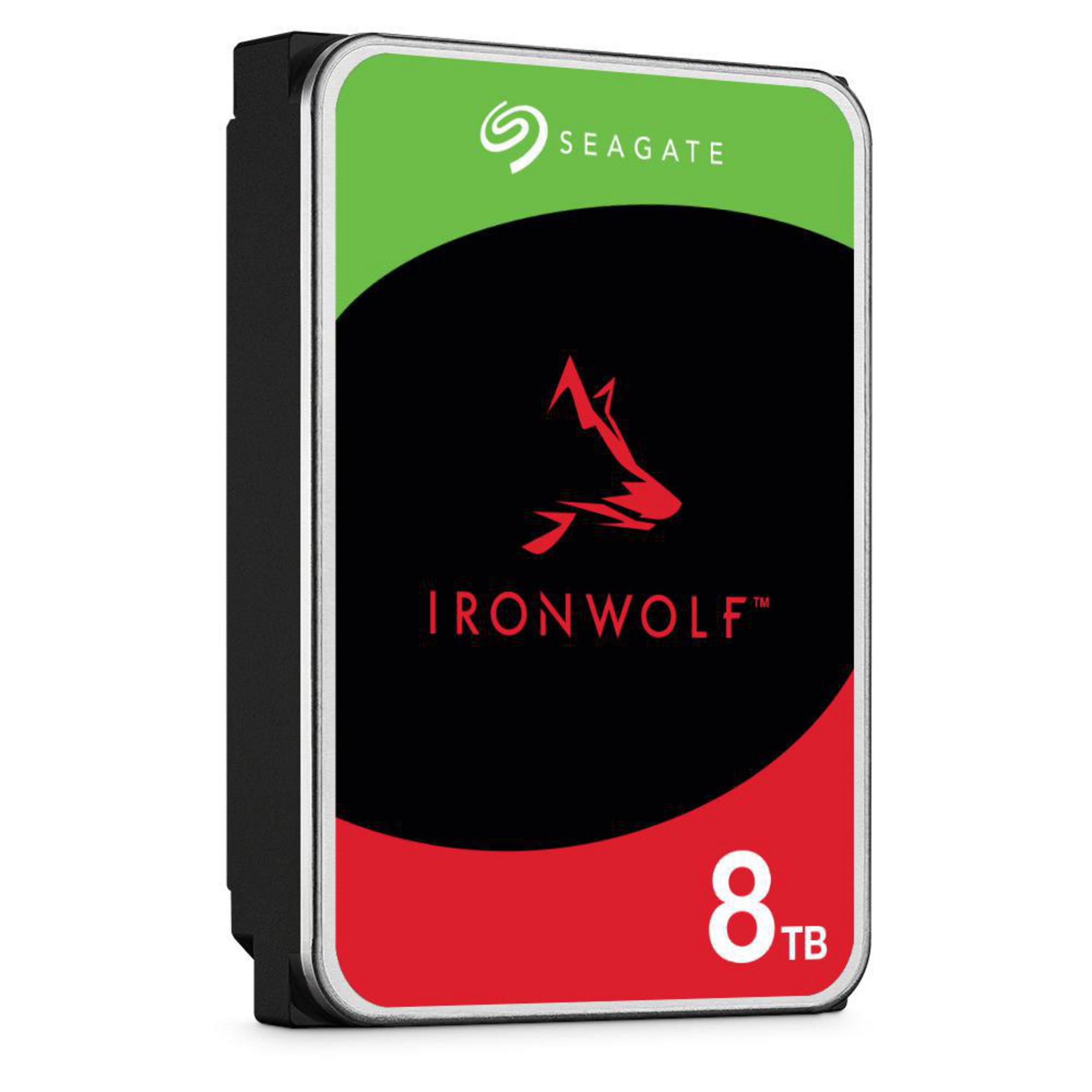 Dysk twardy Seagate IronWolf 8TB, czarny, zielony i czerwony design.
