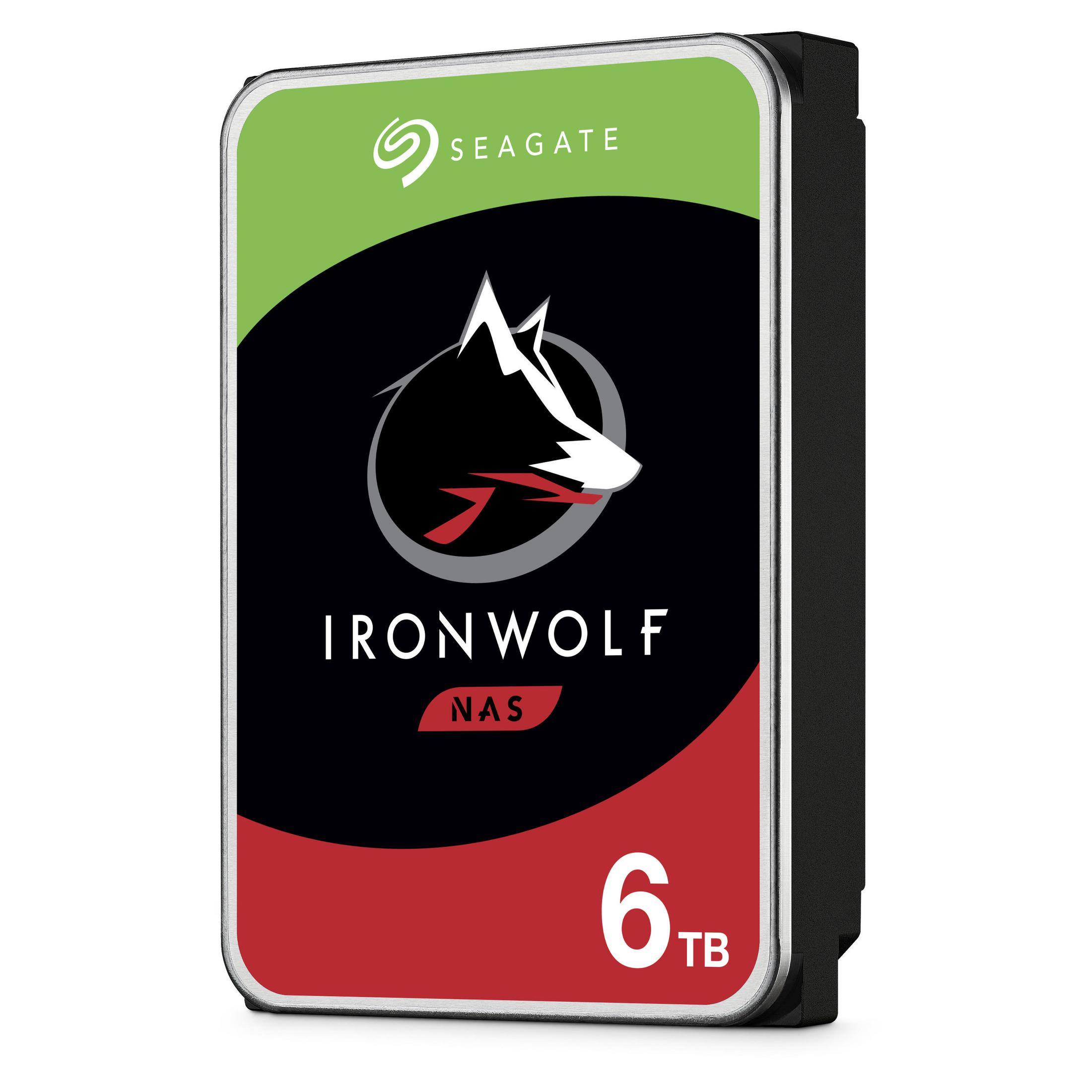 Dysk twardy z zieloną i czerwoną etykietą. Oznaczony jako Seagate IronWolf NAS, 6TB.