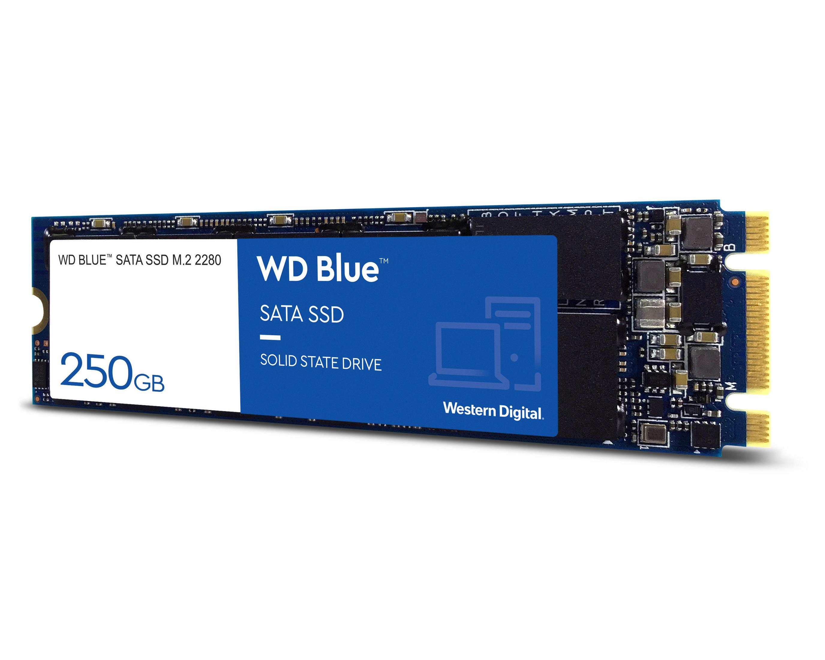 WD Blue SATA SSD 250GB. Un'unità a stato solido con etichetta blu e connettore.