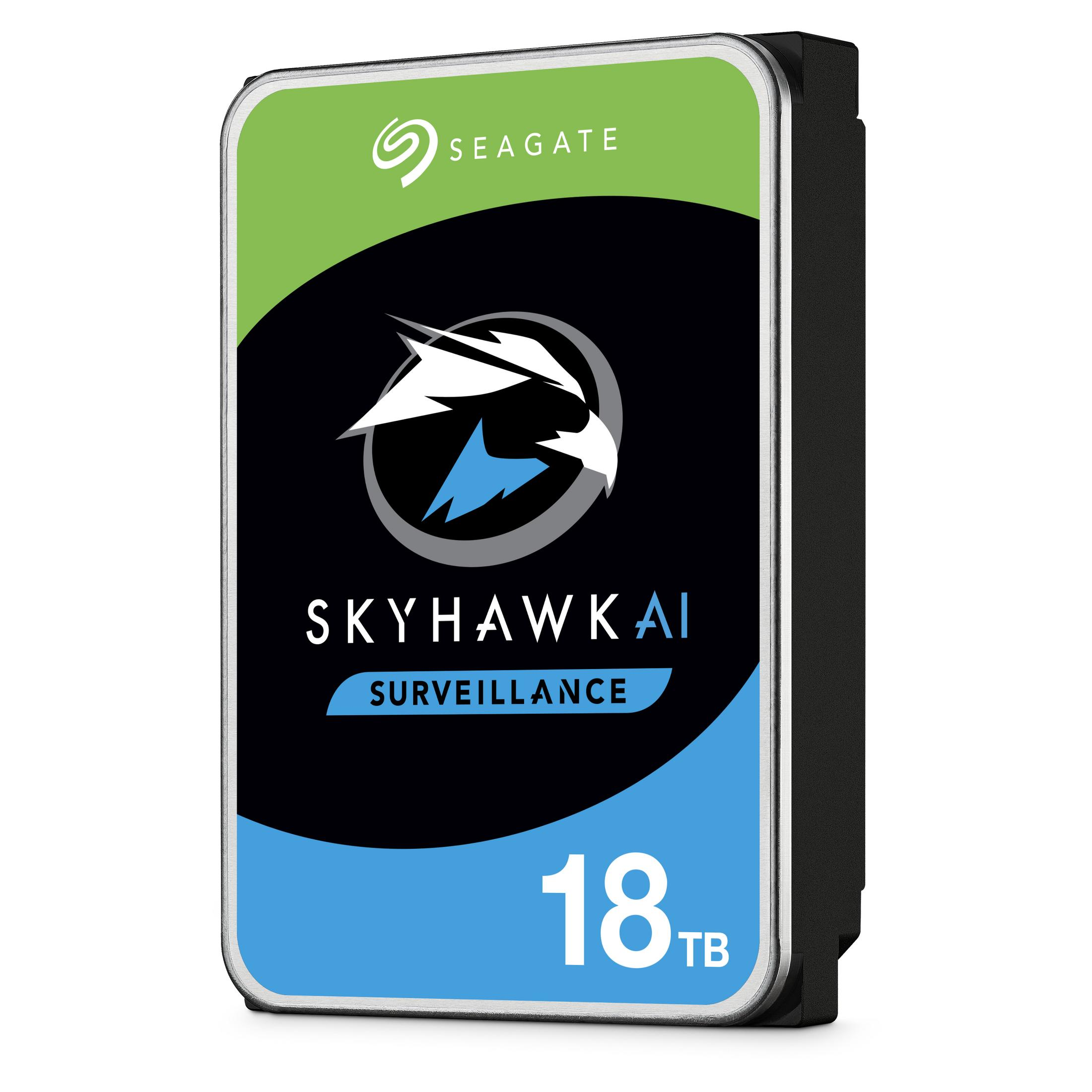 Dysk twardy Seagate Skyhawk AI 18TB z zielono-niebieską etykietą, w obudowie.