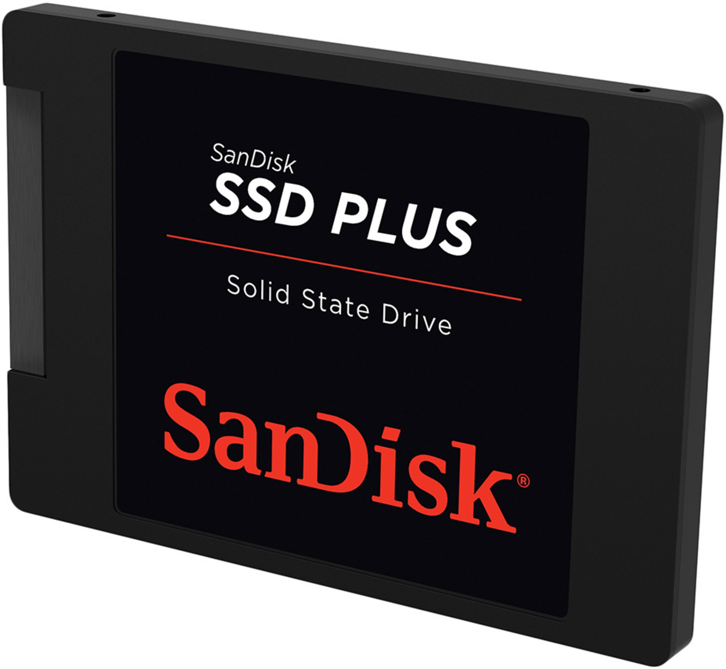 Schwarze Sandisk SSD Plus in einem schwarzen Gehäuse, mit Text und Logo, vor weißem Hintergrund.