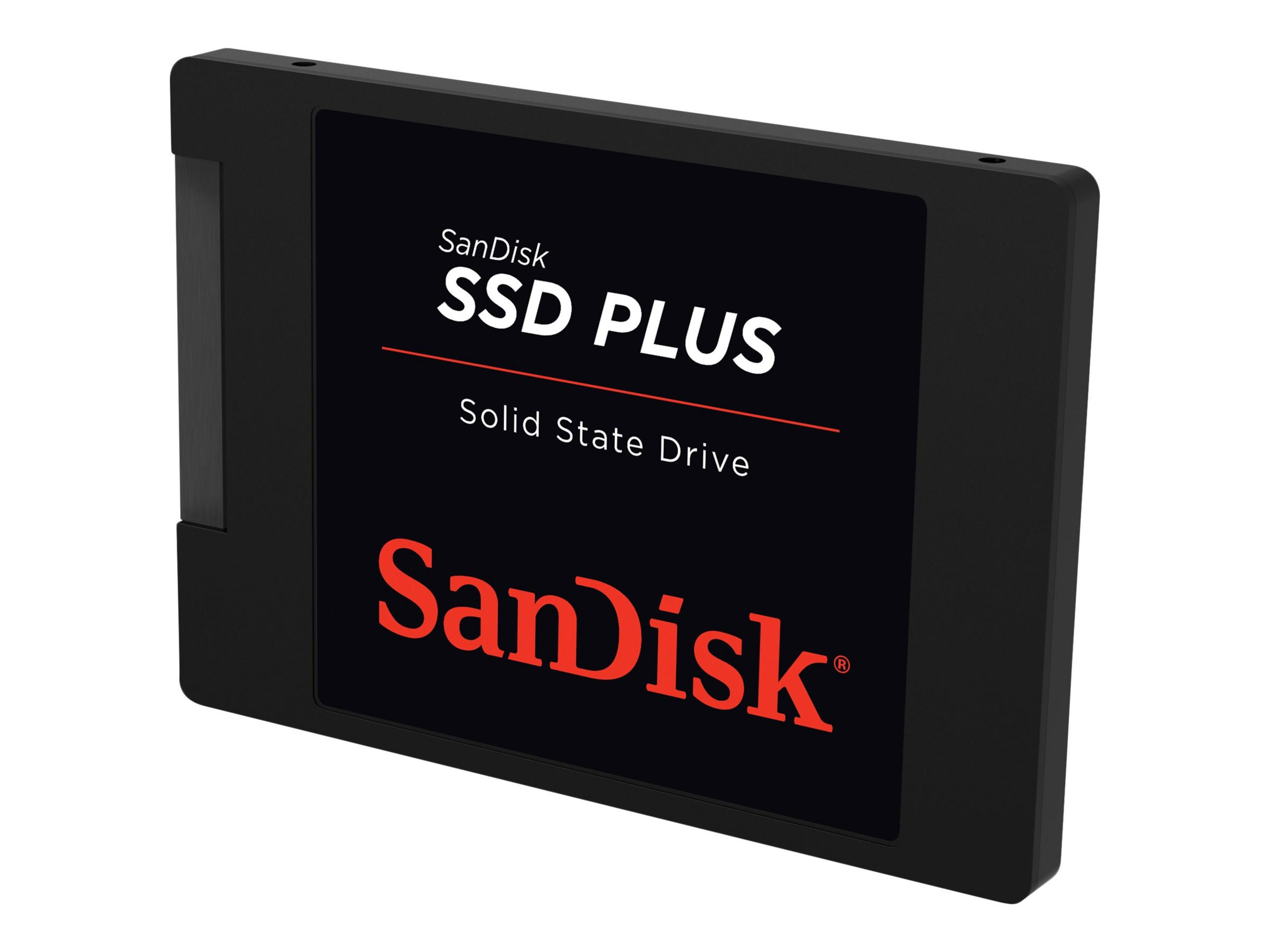 Czarny Sandisk SSD Plus, dysk SSD, na białym tle.