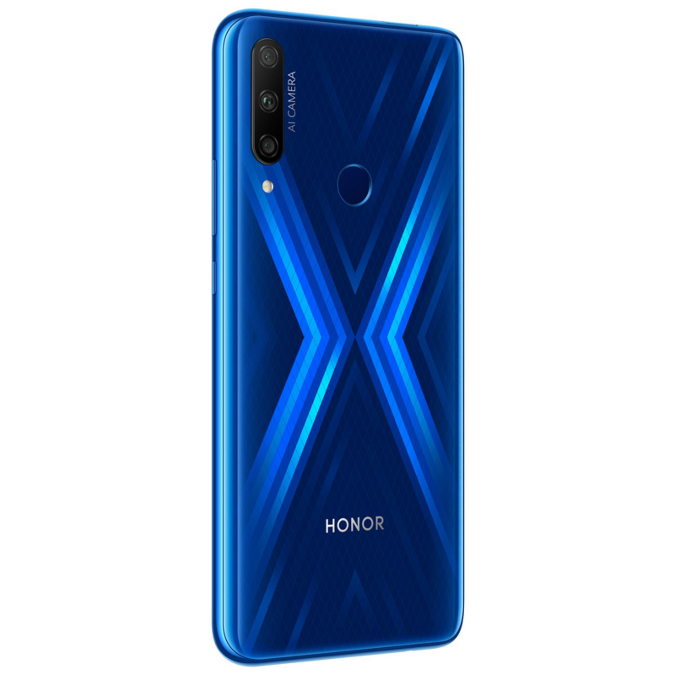 Blaues Honor-Telefon, Rückseite mit markantem „X“-Design und Dreifachkamera-Setup.