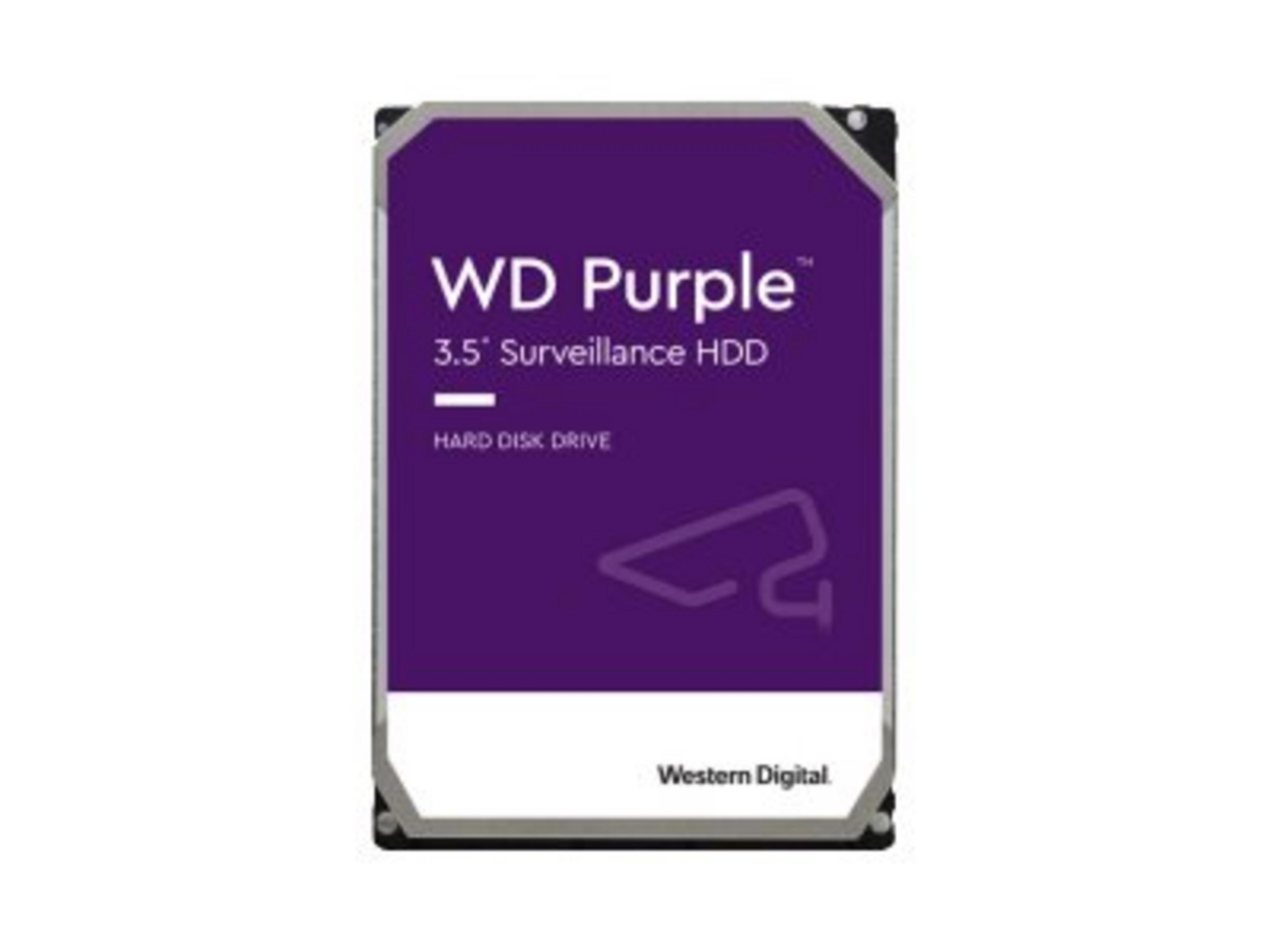 WD Purple 3,5" Überwachungs-HDD, das lila Etikett mit Text, auf weißem Hintergrund.
