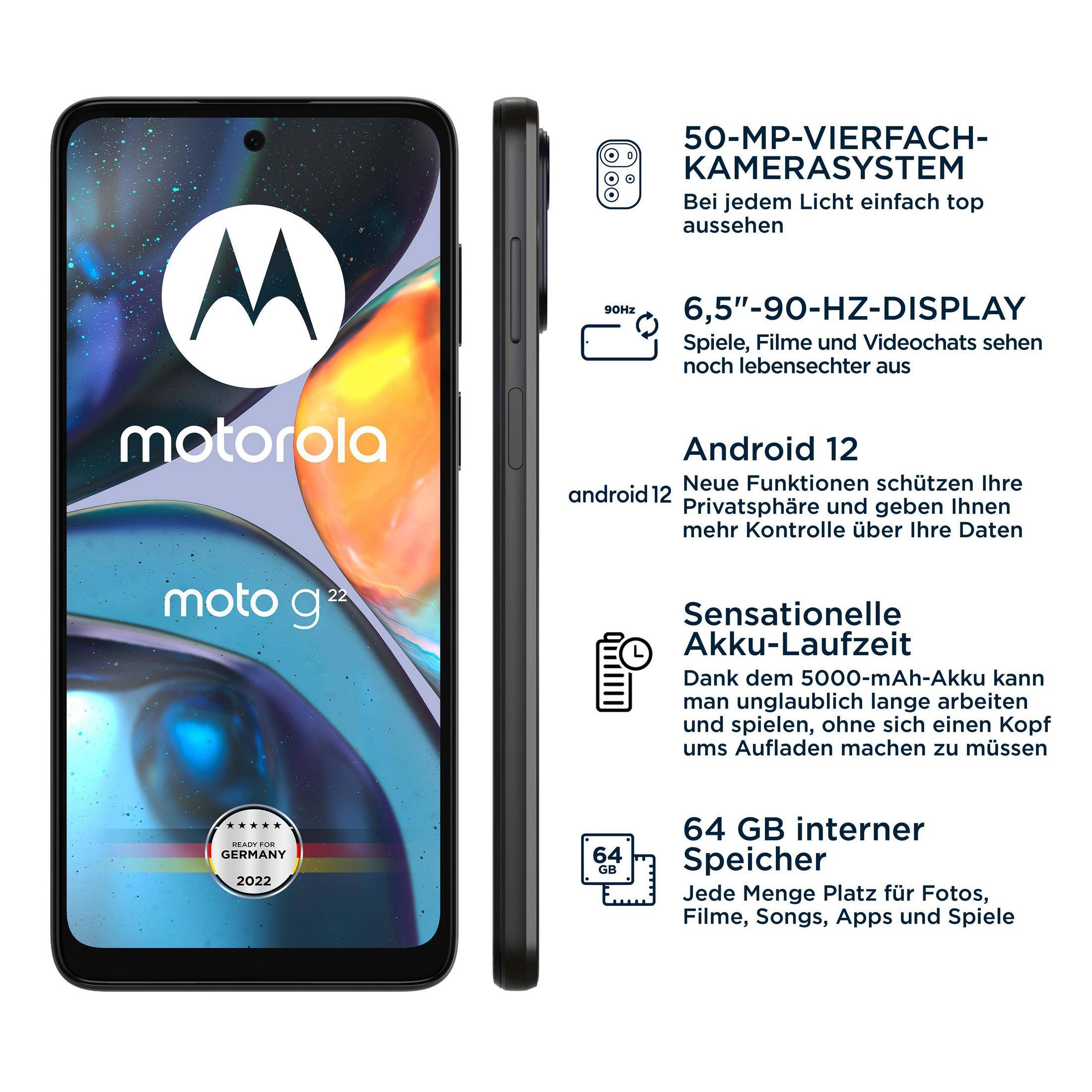 Czarny smartfon Motorola moto g22. Ekran wyświetla logo i specyfikacje. Widok z boku.
