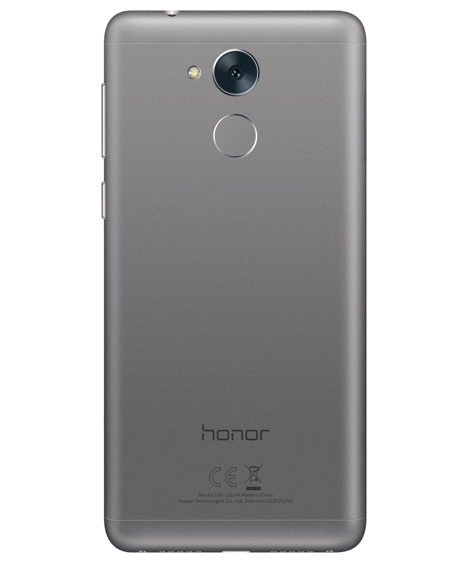 Graues Telefon mit Kamera und Fingerabdrucksensor. Der Markenname HONOR ist sichtbar.