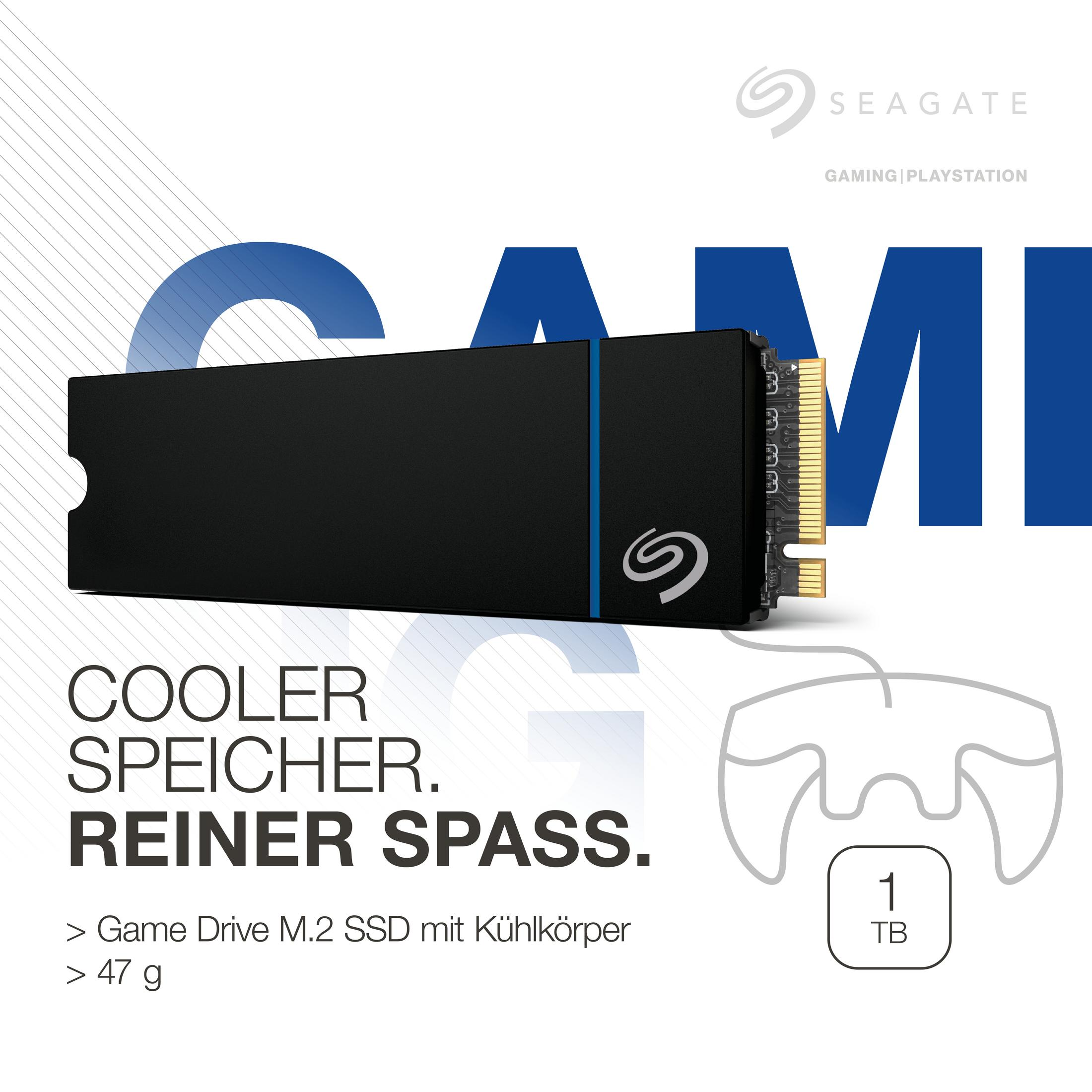 Czarny i niebieski dysk SSD M.2 Seagate Game Drive. Tekst: Cooler Speicher. Reiner Spass. 1TB.
