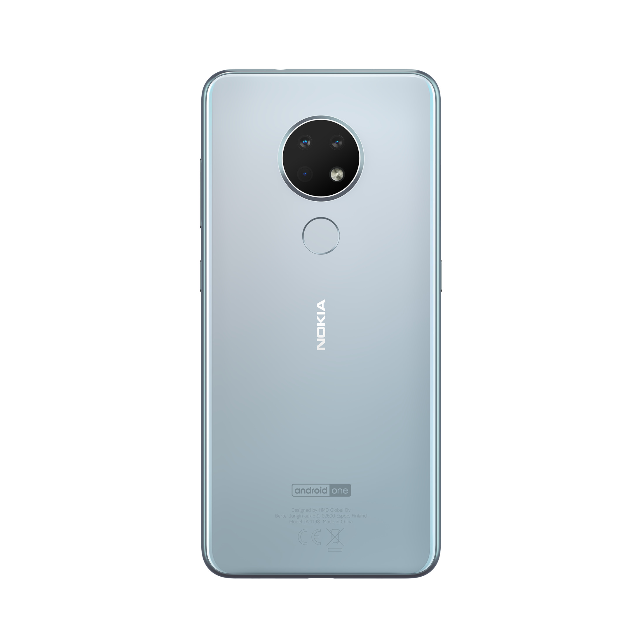 Hellblaues Nokia Android-Telefon, Rückansicht, auf weißem Hintergrund.