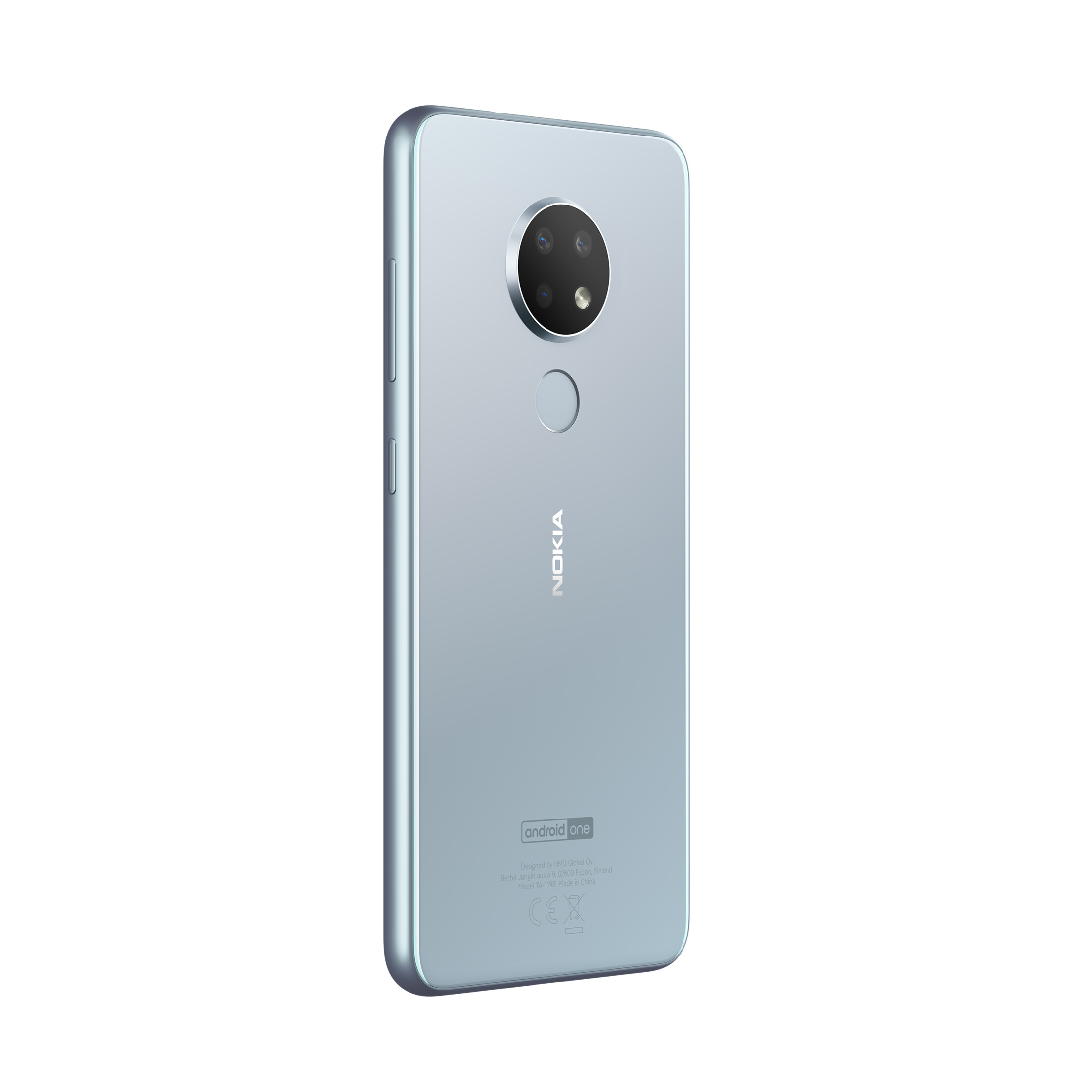 Ein blaues Nokia-Telefon auf weißem Hintergrund. Rückansicht des Telefons.