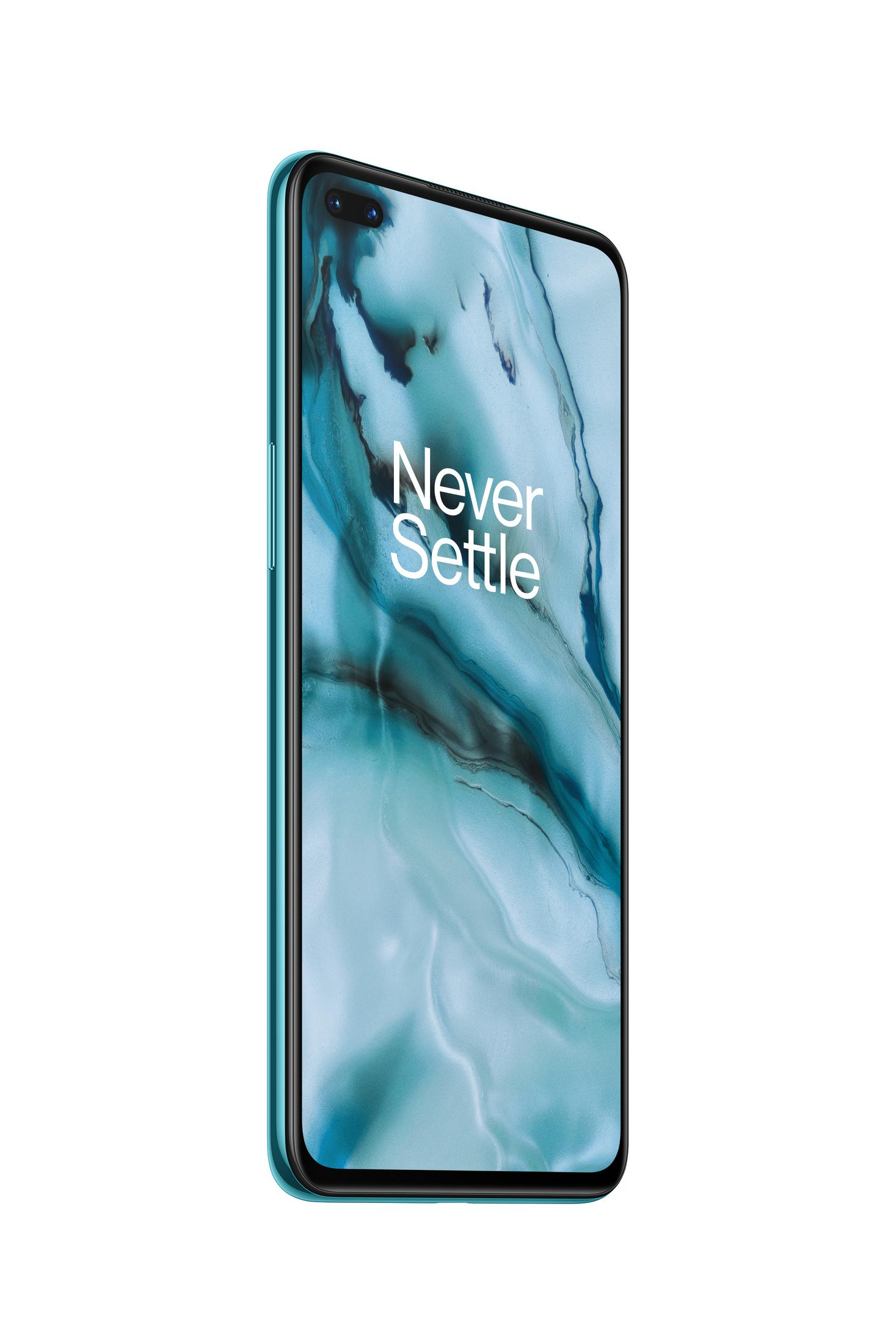 OnePlus-Telefon mit 'Never Settle'-Text, türkisfarbenem Rahmen, weißer Hintergrund.