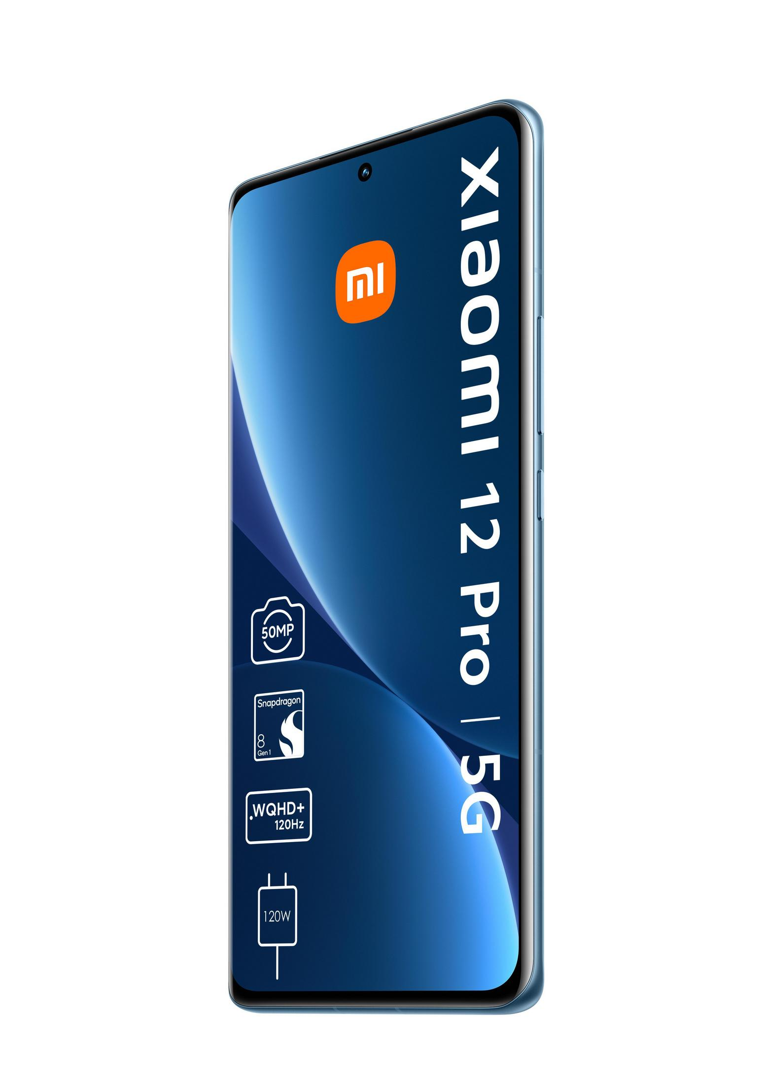 A blue Xiaomi 12 Pro 5G smartphone. It has a large screen and the Xiaomi logo. White background.