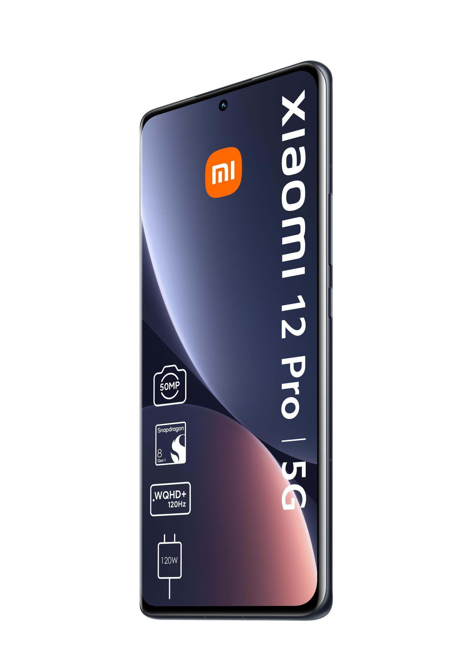 Telefon Xiaomi 12 Pro 5G, czarny. Wyświetlacz pokazuje ikony. Białe tło.