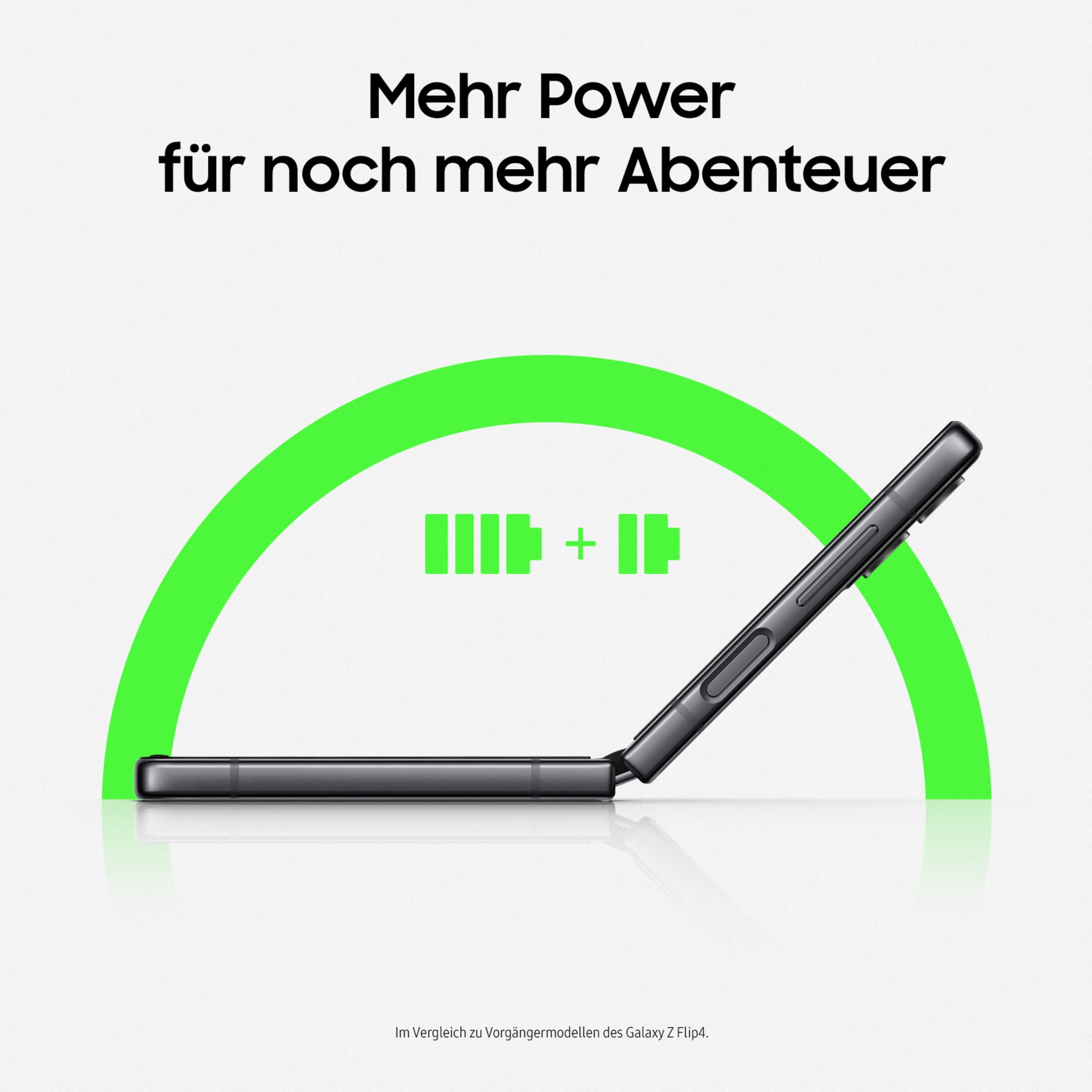 Czarny smartfon jest częściowo otwarty, z zielonym symbolem baterii i tekstem.