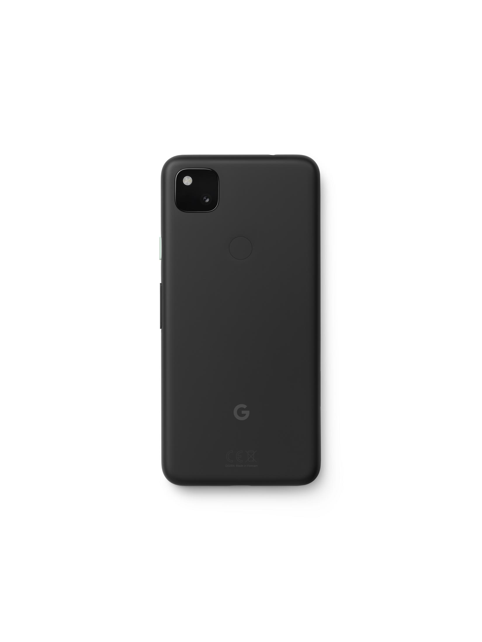 Teléfono negro con una sola cámara trasera. Logotipo de Google en la parte inferior. Fondo blanco.